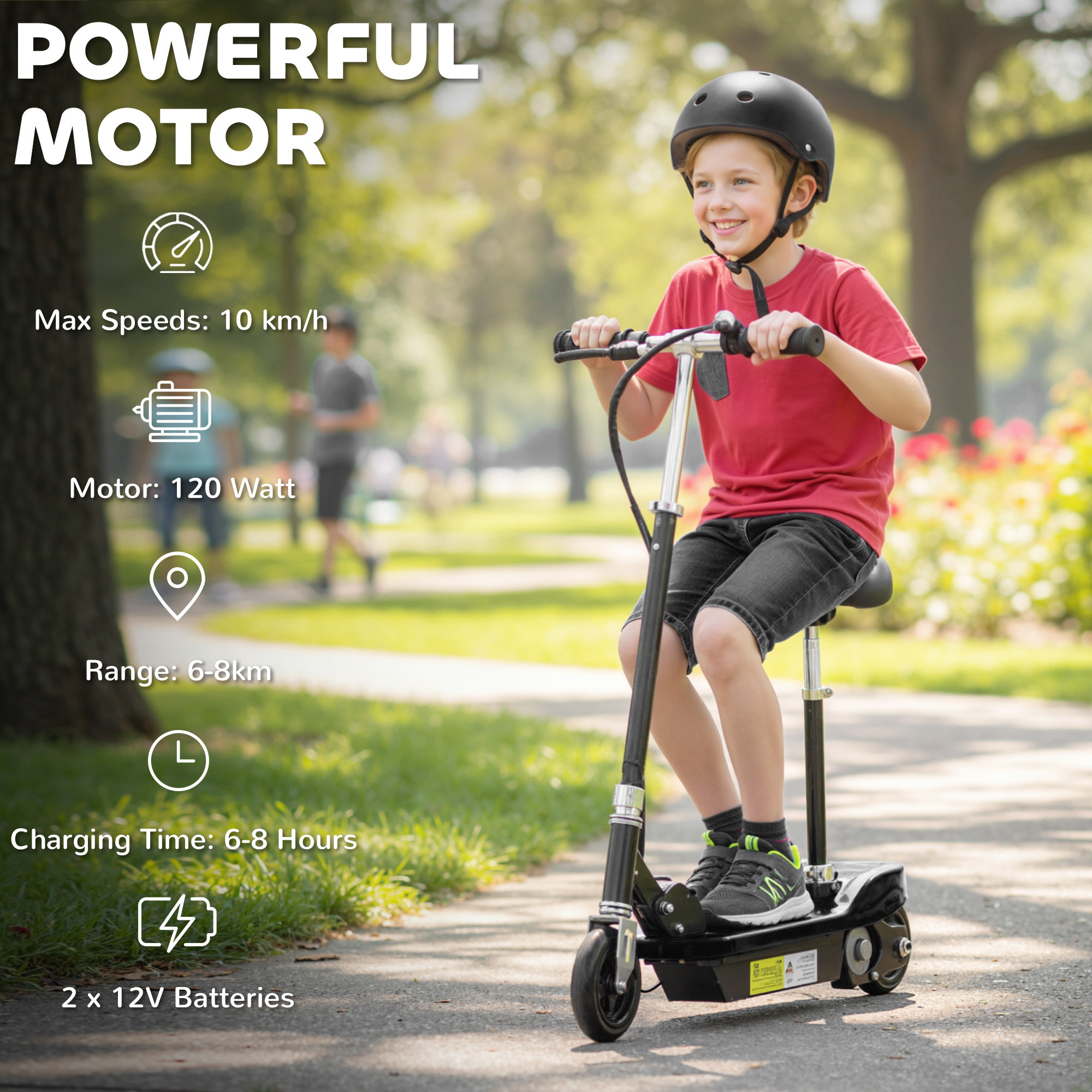 Powered E-Scooter Ride-On, With Brakes, Adjustable Seat, Adjustable Handlebars, Black - Image 5