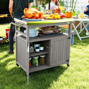 Outdoor Grill Cart W/ Stainless Steel Top, Solid Wood Outdoor Kitchen Island W/ Wheels, Storage Cabinets, Gray