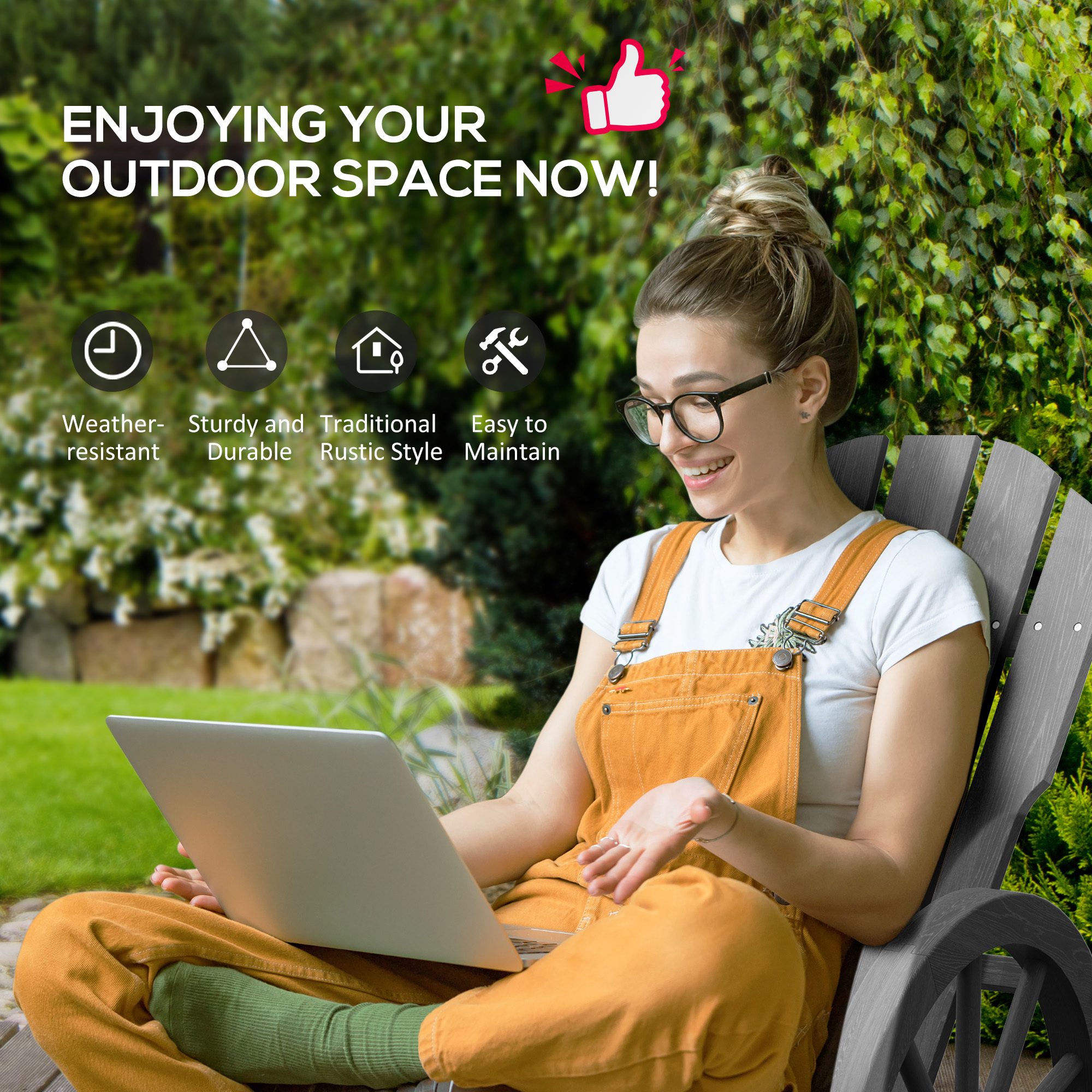 Wooden Adirondack Rocking Chair Reclining Armchair Outdoor Garden Furniture Patio Porch Rocker - Grey - Image 4