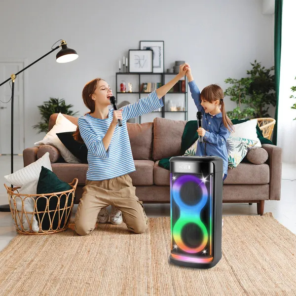 Portable Wireless Party Speaker With LED Light Wireless Mic Remote Control TWS Treble Bass Mic. Echo Music Accompany Mic. Priority Guitar In - Image 7