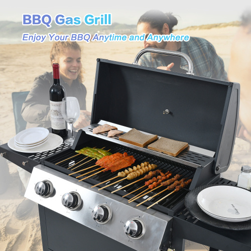 Propane Gas Grill 4 Burner Barbecue Grill, Stainless Steel 34,000 BTU Patio Garden Barbecue Grill With Two Shelves, Lid, Wheels And Bottle Opener - Image 10