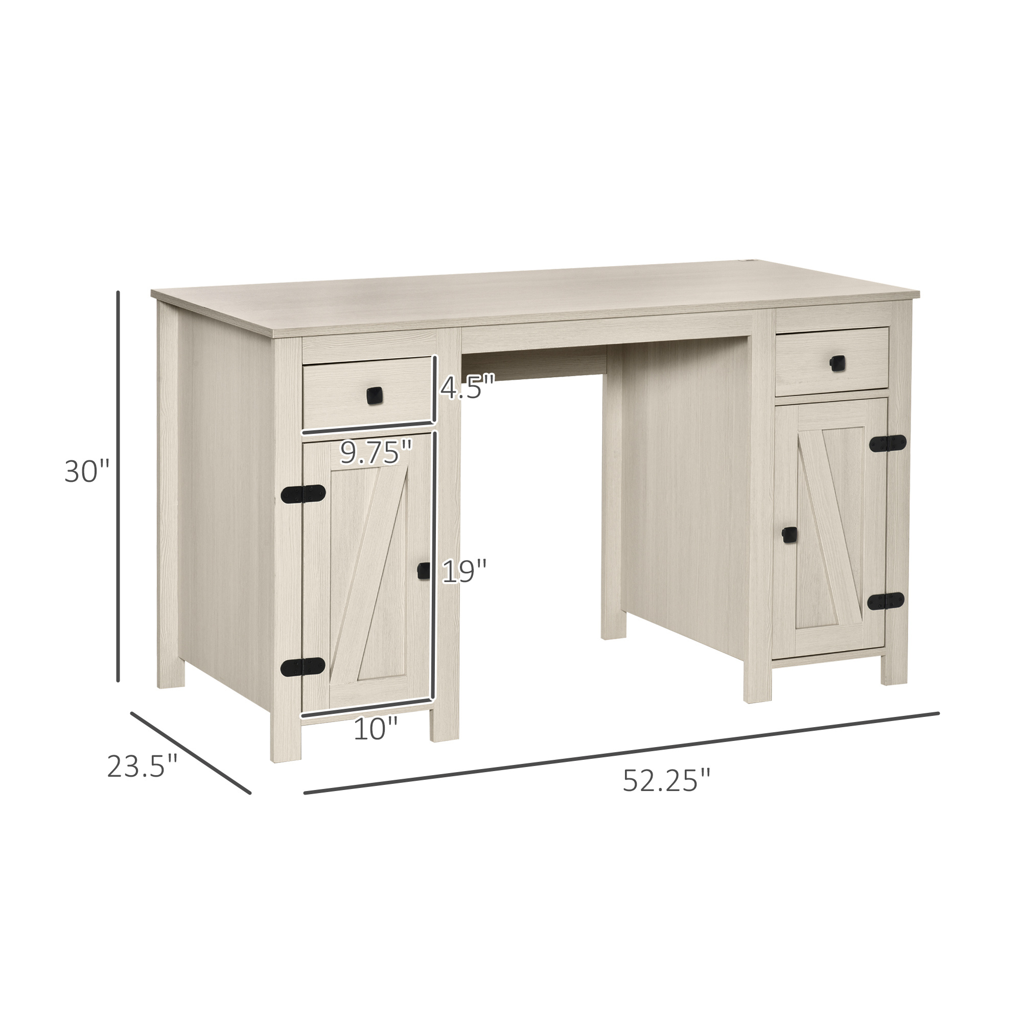Farmhouse Computer Desk with Storage, Home Office Desk with 2 Drawers and 2 Cabinets, Cream White - Image 5