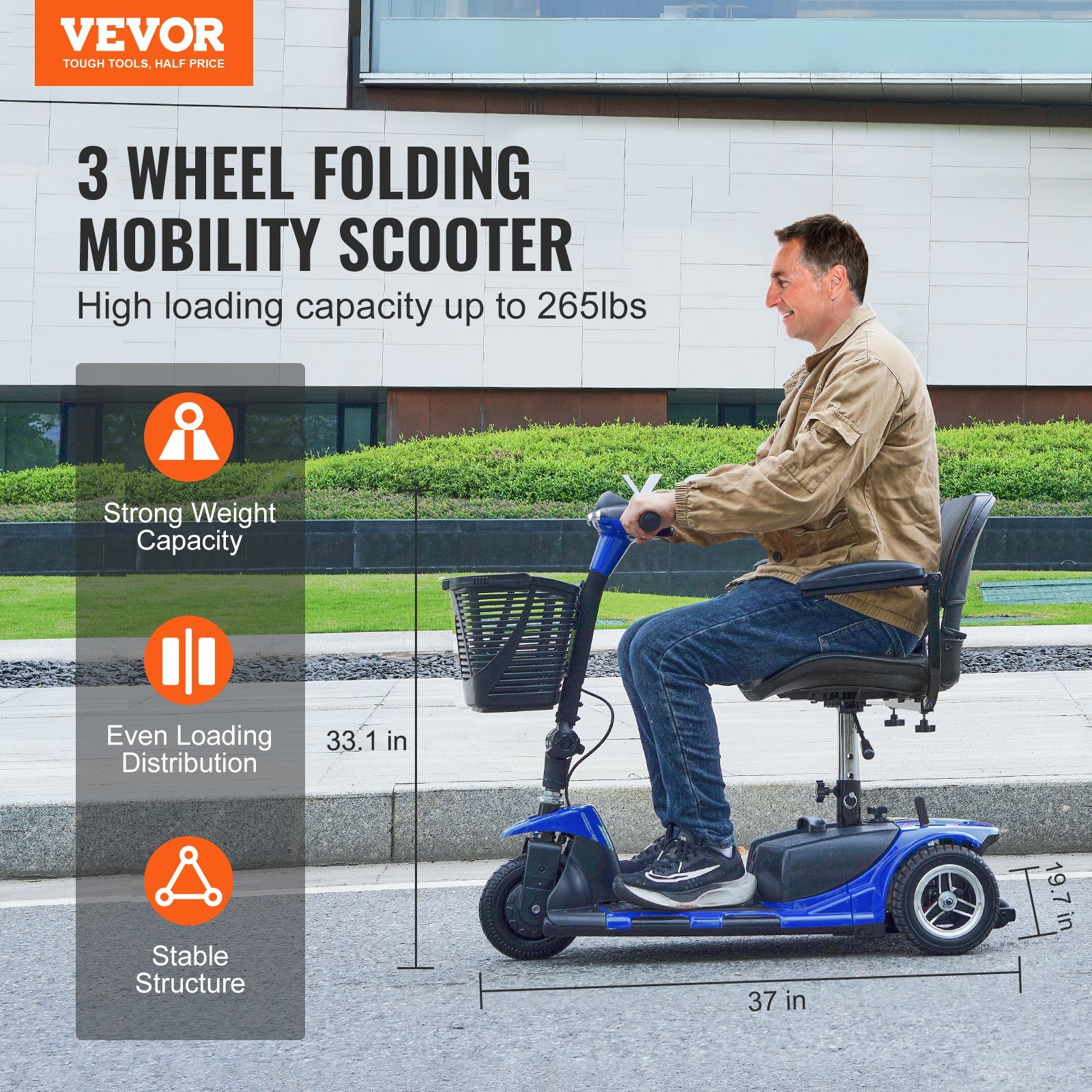 3-Wheel Folding Mobility Scooter For Seniors 12 Mile Range 265LBS Capacity - Image 5
