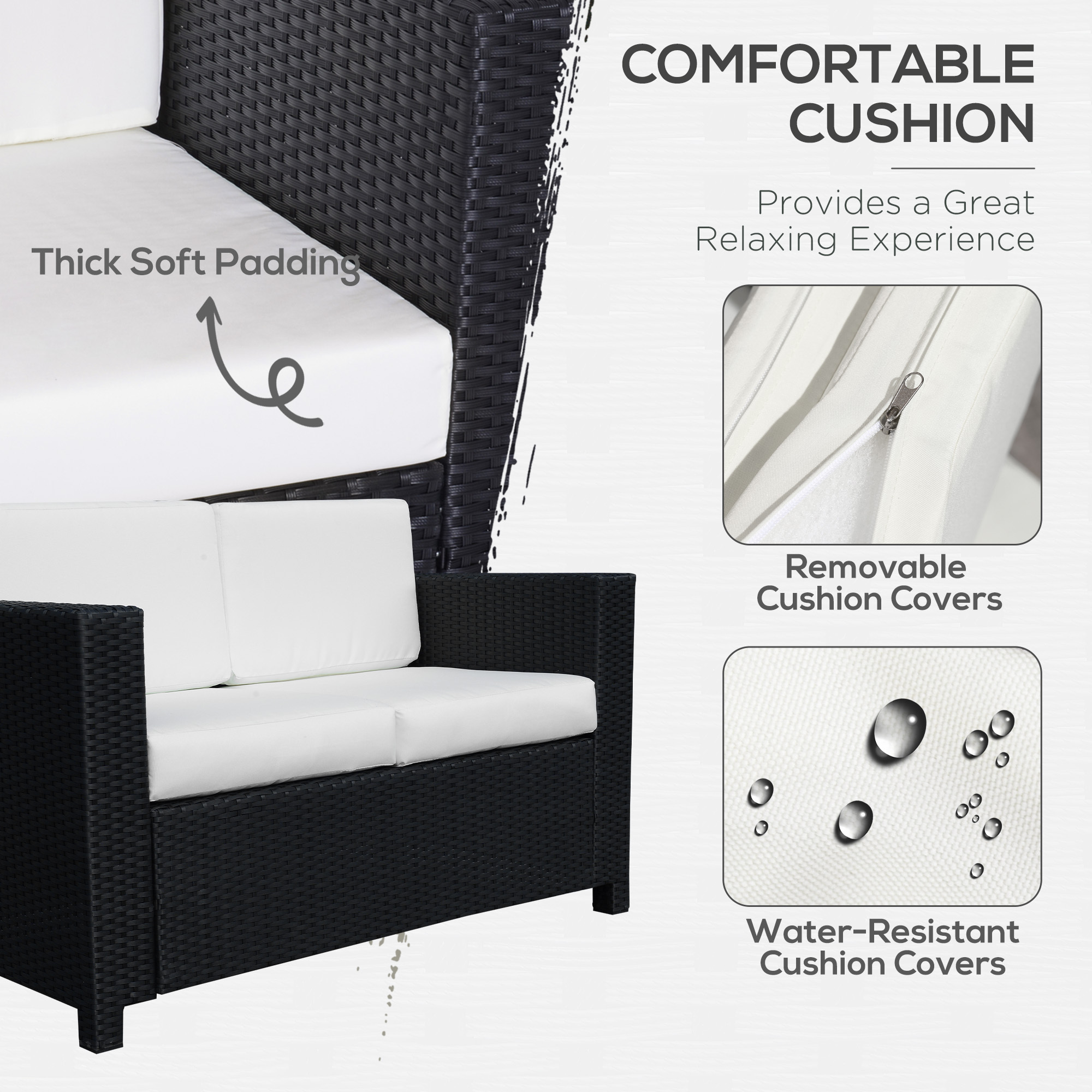 Rattan Sofa, 2 Seater Garden Furniture With Soft Padded Cushion And Armrests, Wicker Garden Loveseat For Patio, Black - Image 2