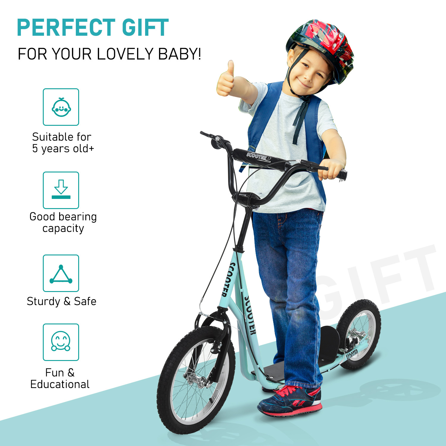 Teens Youth Scooter Ride On Toy With Adjustable Handlebar, Dual Brakes, And Inflatable Wheels For Kids 5+, Blue - Image 5