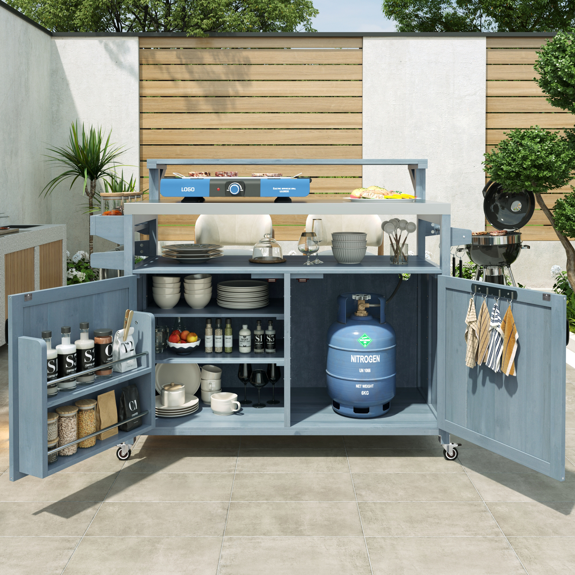 K&K 53.3 Outdoor Kitchen Island With Raised Shelf, Solid Wood Storage Cabinet With Stainless Steel Top, Outdoor Rolling Grill Cart With Internal Storage Rack, Adjustable Shelf, Spice Rack, Grey Blue - Image 2