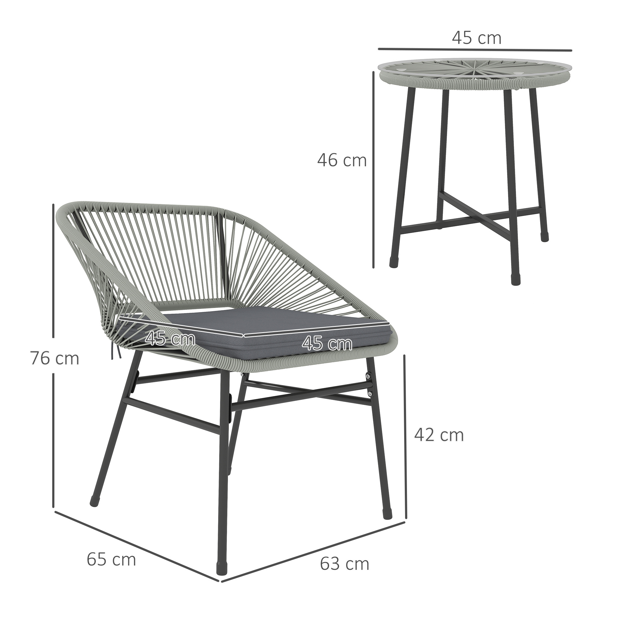3 Pieces Rattan Bistro Set, Wicker Small Garden Table And Chairs Set With Cushions And Glass Top Coffee Table, Bistro Garden Furniture Set For Outdoor, Patio, Balcony, Light Grey - Image 5