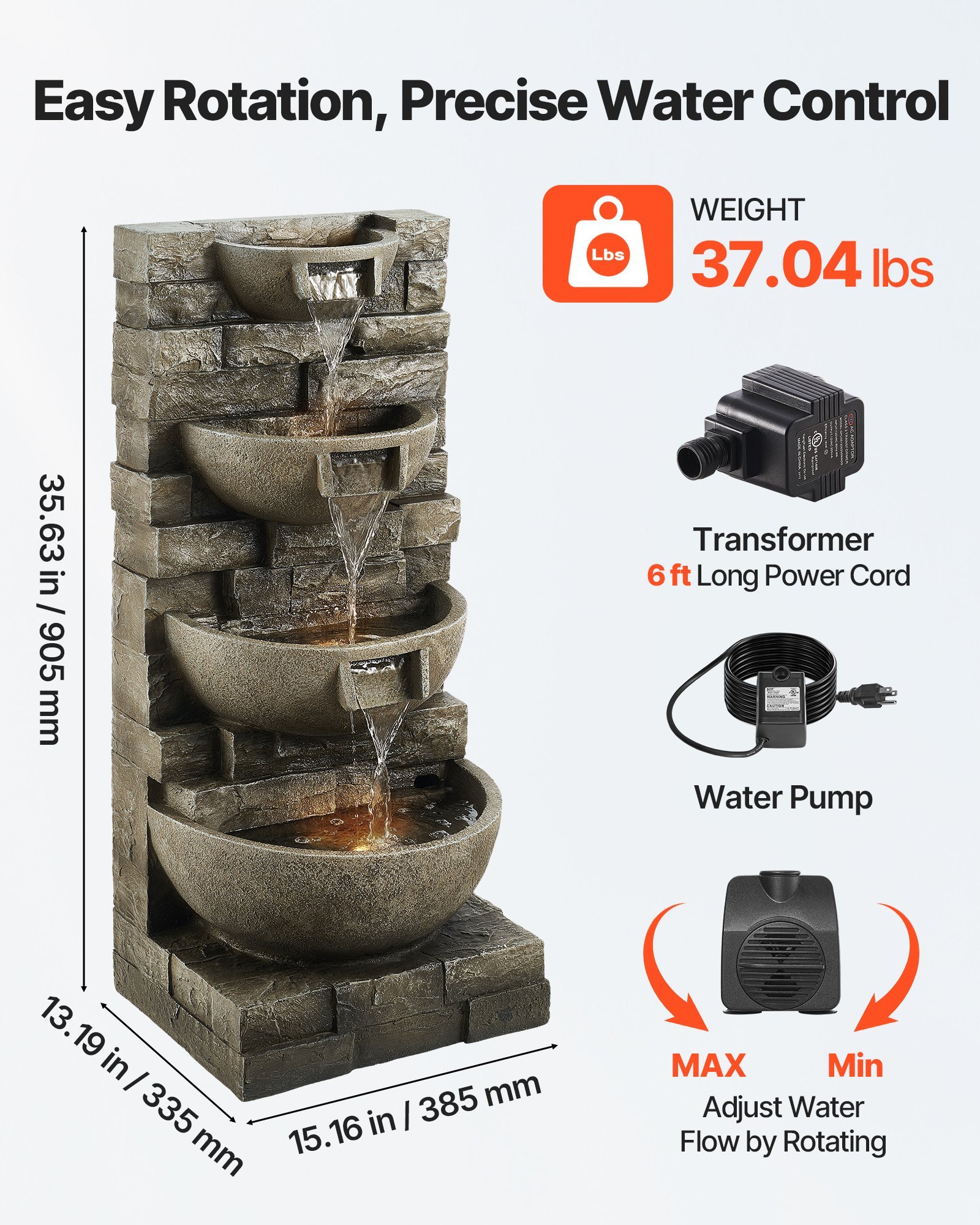Outdoor Water Fountain 4-Tier Yard Fountain 35.63 In Block Stack Style - Image 5