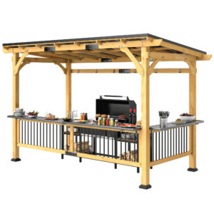 13 X 6 Wooden BBQ Grill Gazebo, Outdoor Hardtop Grill Gazebo With Metal Roof, 2 Bar Shelves And 6 Hooks, Natural
