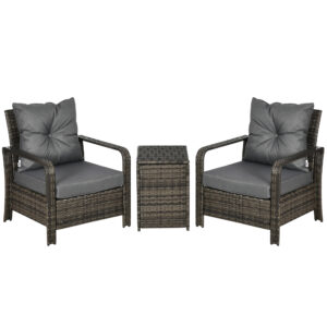 3 Pieces Rattan Bistro Set, Wicker Garden Furniture Set With Storage Coffee Table And Chairs, Thickened Cushions For Outdoor, Patio, Balcony, Grey