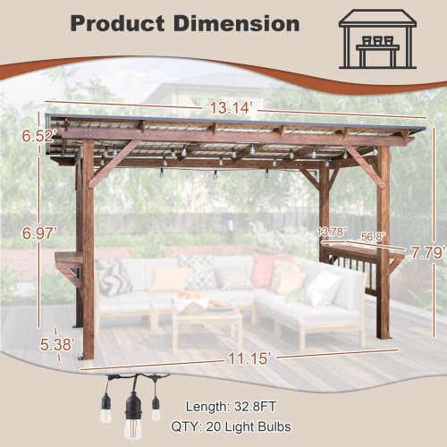 13' X 6.5' Wooden Pergola Grill Gazebo With Metal Roof & Bulbs & Bar Counters - Image 4