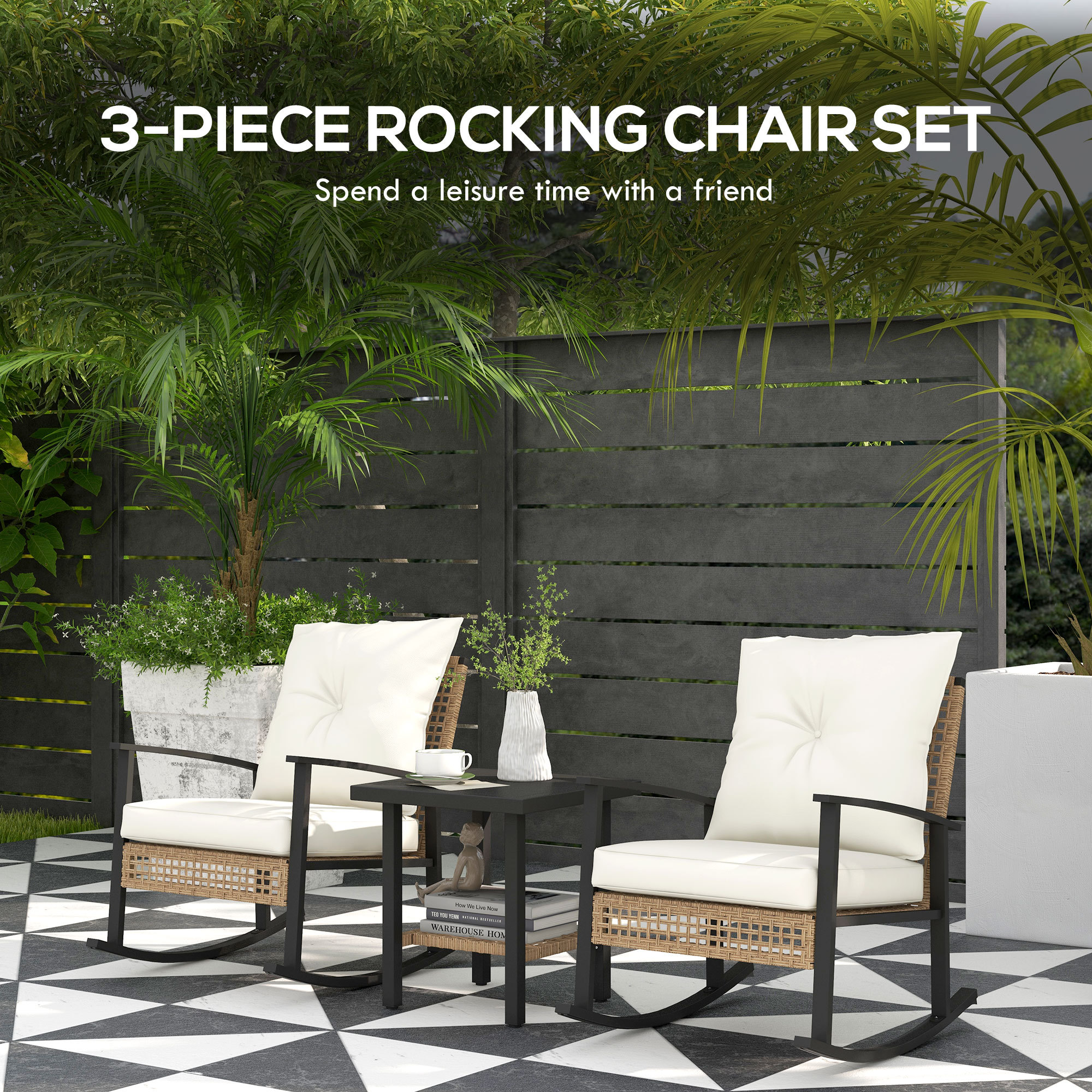 3 Pieces Bistro Set, Patio Wicker Furniture Set With Button Tufted Cushions, Rattan Rocking Chairs, Coffee Table, White - Image 3