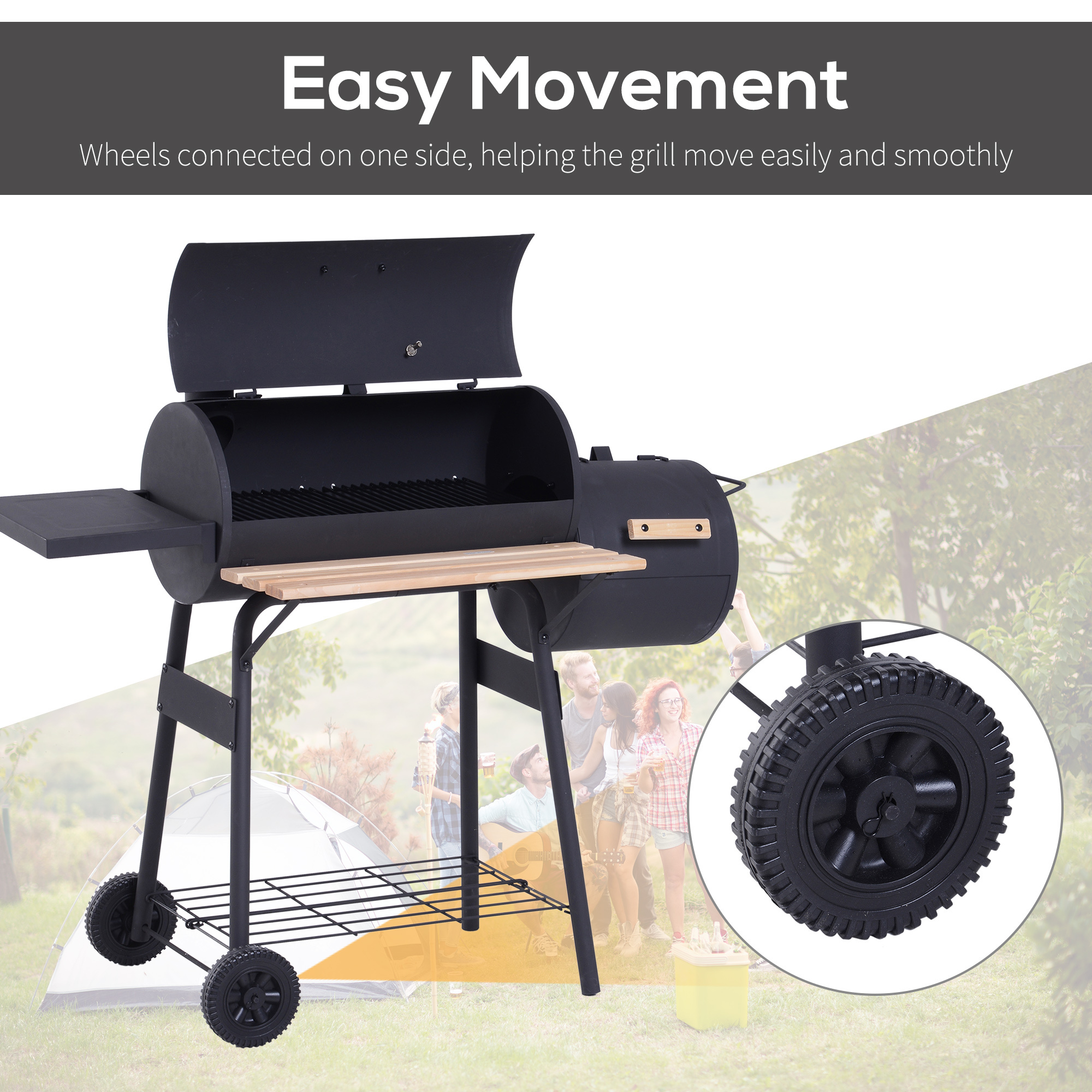 Portable Charcoal BBQ Grill, Cold-rolled Steel, Solid Wood, 104H X 124L X53W Cm-Black - Image 3