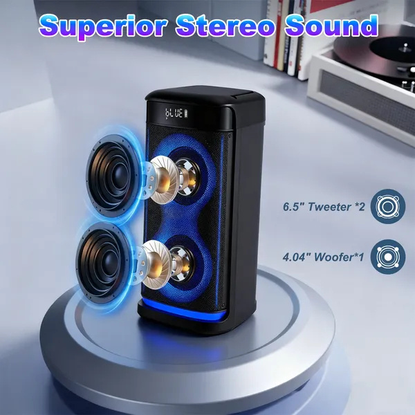Portable Wireless Party Speaker With LED Light Wireless Mic Remote Control TWS Treble Bass Mic. Echo Music Accompany Mic. Priority Guitar In - Image 9