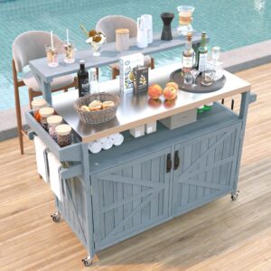 K&K 53.3  Outdoor Kitchen Island With Raised Shelf, Solid Wood Storage Cabinet With Stainless Steel Top, Outdoor Rolling Grill Cart With Internal Storage Rack, Adjustable Shelf, Spice Rack, Grey Blue