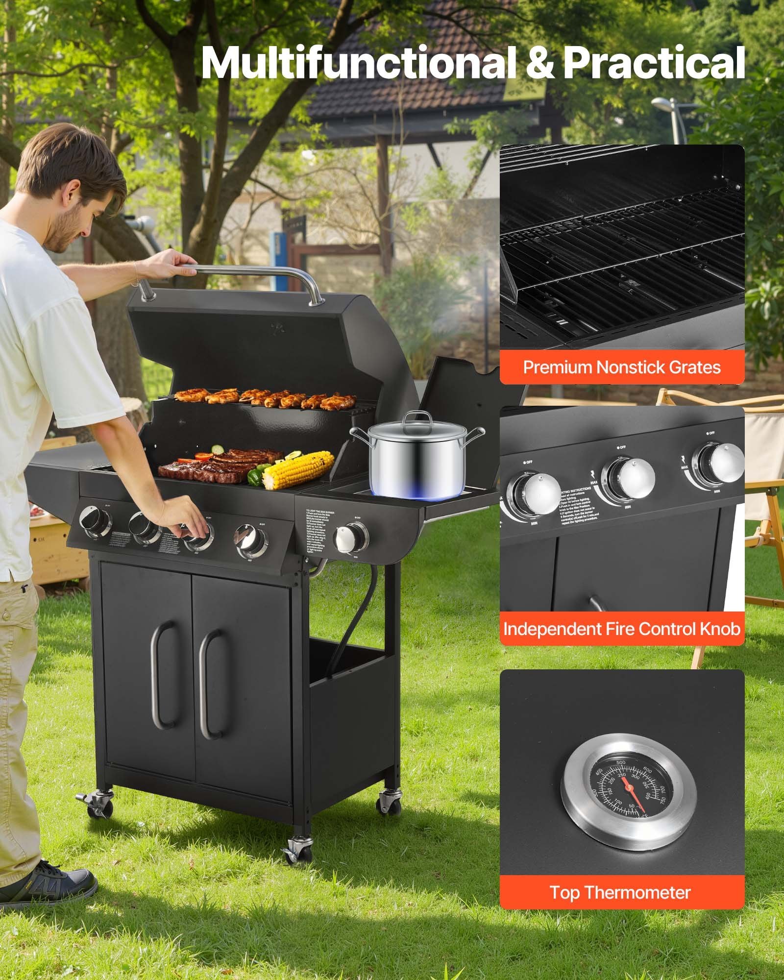 Gas Grill, 4 Burner Propane Gas Grill With Side Burner, 425 SQ.In Grilling Area, Carbon Steel Enamel Grates, Outdoor 52,000 BTU Patio Garden BBQ Grills With Two Side Shelves, Carbon Steel - Image 3