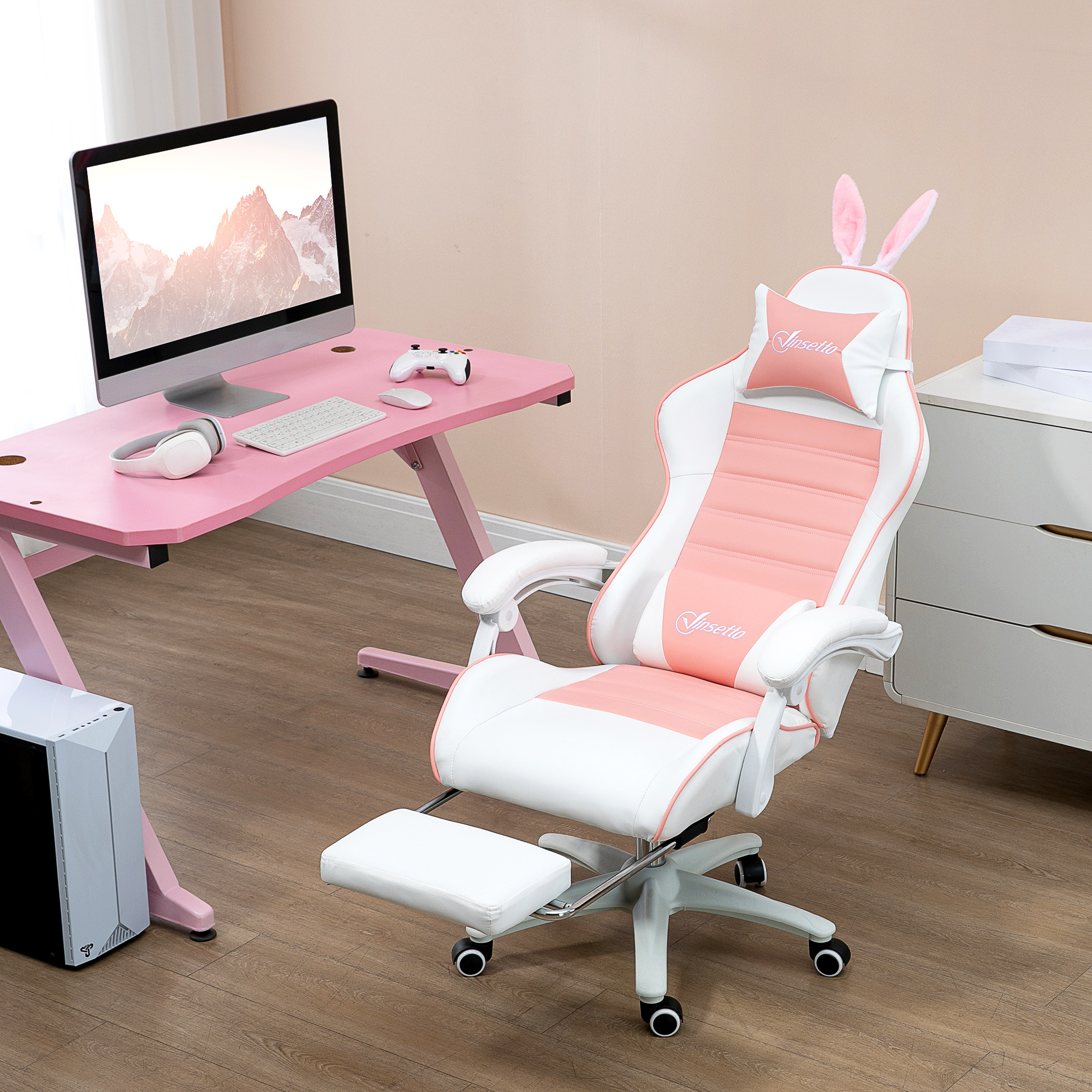 Vinsetto Racing Gaming Chair, Reclining PU Leather Computer Chair With Removable Rabbit Ears, Footrest, Headrest And Lumber Support, Pink - Image 4