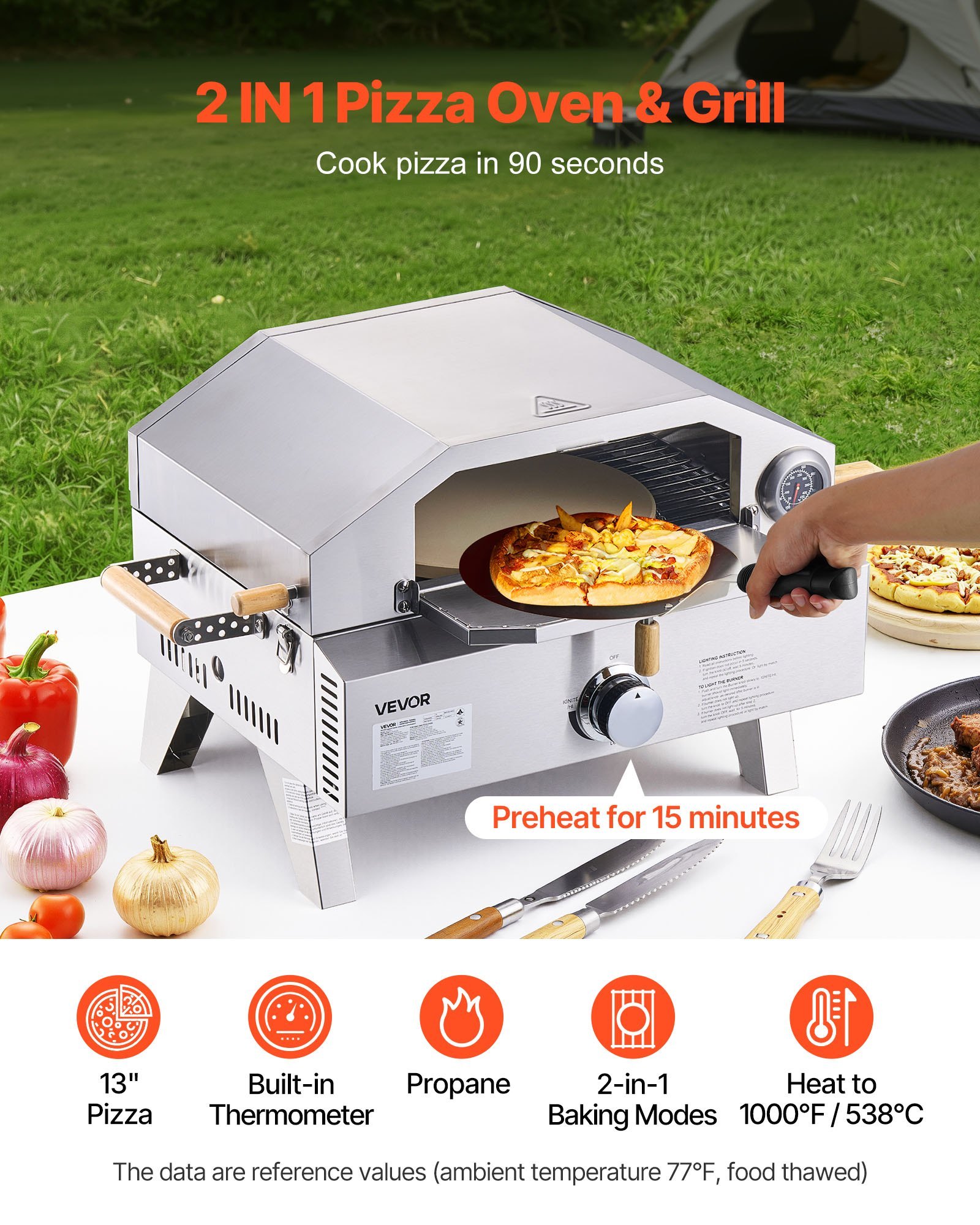Outdoor Pizza Oven, 13 In Gas Fired Pizza-Maker, Portable Outside Gas Oven With Thickened Cordierite Pizza-Stone, And Built-in Thermometer, Pizza Or Grill Two Modes, For Camping & Backyard - Image 3