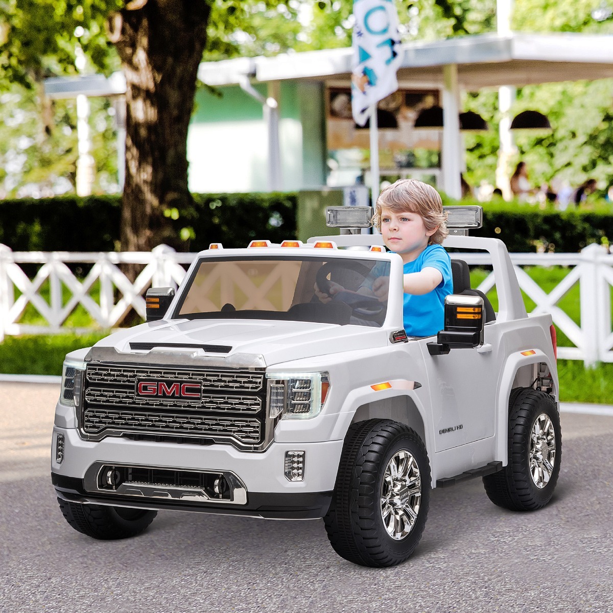 12V Battery Kids GMC Sierra HD Ride On Toy With Remote Control, Bright Headlights & Working Suspension - White - Image 3