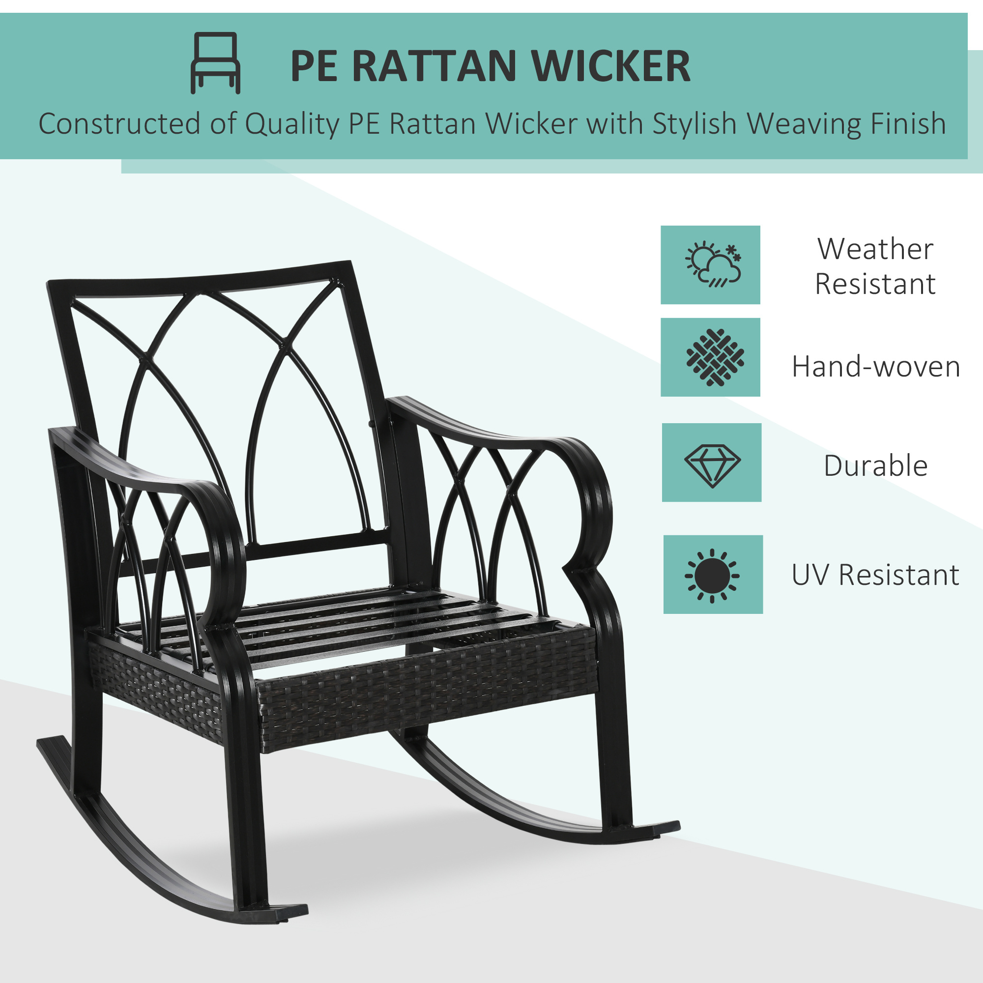 Outdoor Wicker Rocking Chair With Padded Cushions, Aluminum Furniture Rattan Porch Rocker Chair W/ Armrest For Garden, Patio, And Backyard, Khaki - Image 5