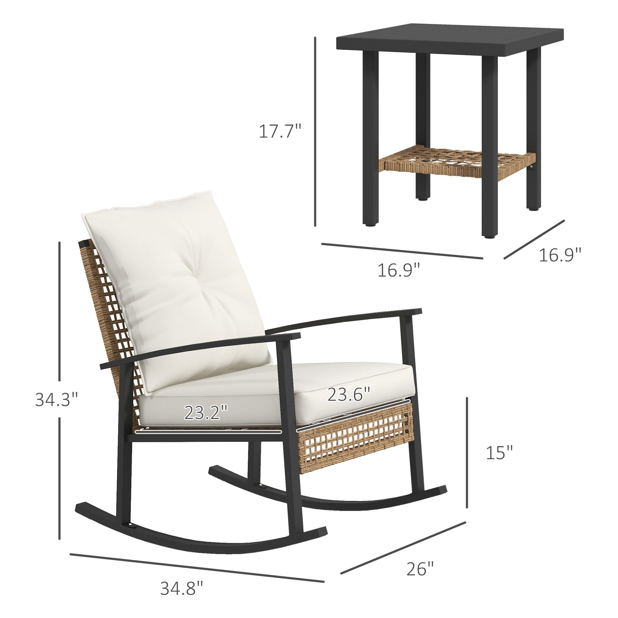 3 Pieces Bistro Set, Patio Wicker Furniture Set With Button Tufted Cushions, Rattan Rocking Chairs, Coffee Table, White - Image 2