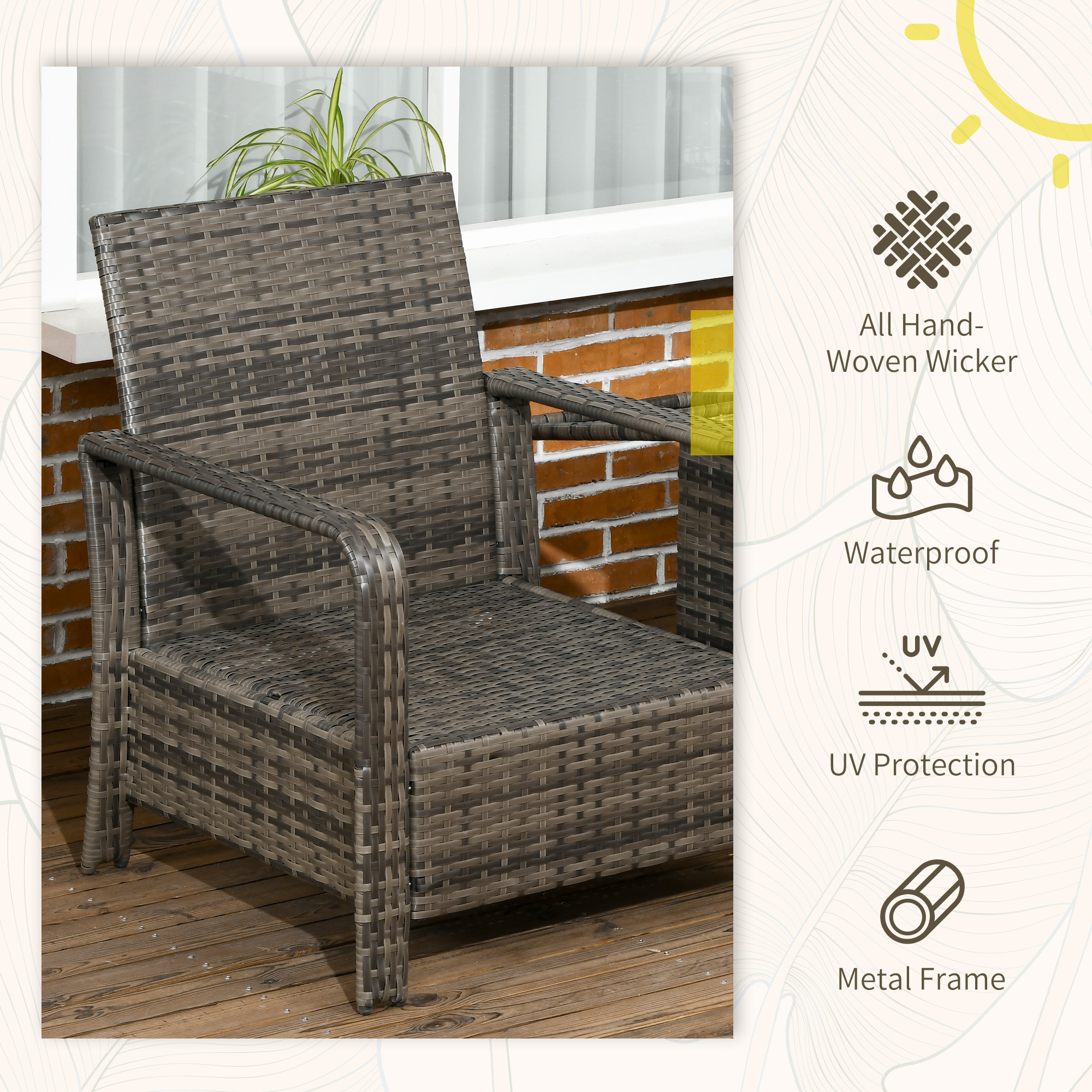 3 Pieces Rattan Bistro Set, Wicker Garden Furniture Set With Storage Coffee Table And Chairs, Thickened Cushions For Outdoor, Patio, Balcony, Grey - Image 5