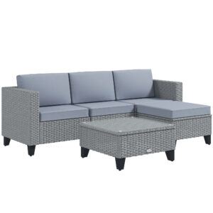 5-Piece Rattan Patio Furniture Set With Corner Sofa, Footstools, Coffee Table, For Poolside, Grey