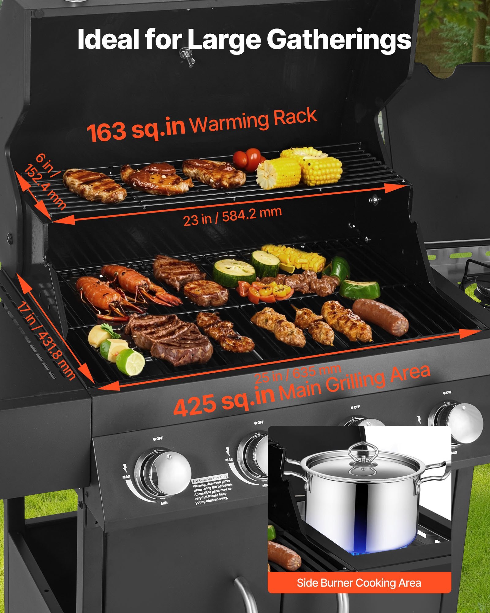Gas Grill, 4 Burner Propane Gas Grill With Side Burner, 425 SQ.In Grilling Area, Carbon Steel Enamel Grates, Outdoor 52,000 BTU Patio Garden BBQ Grills With Two Side Shelves, Carbon Steel - Image 2