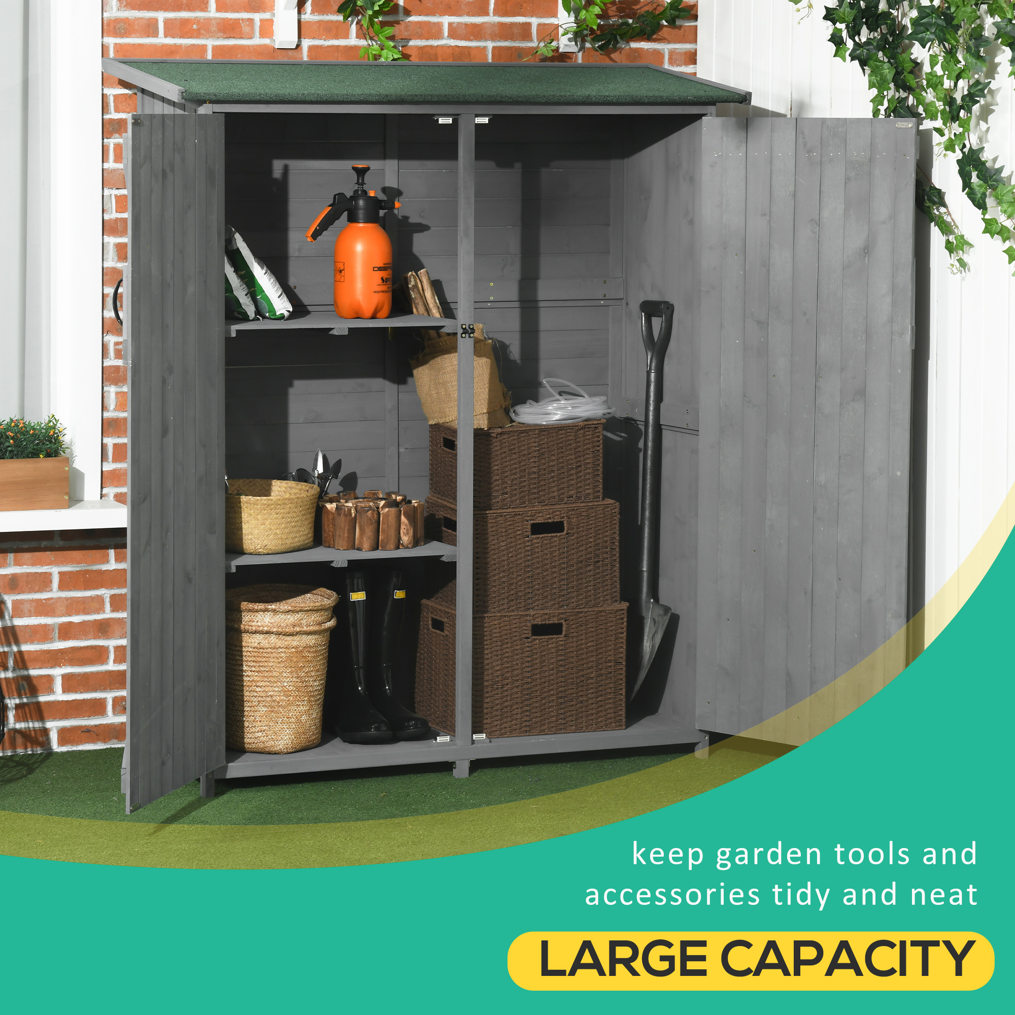 Outdoor Storage Cabinet Wooden Garden Shed Utility Tool Organizer with Waterproof Asphalt Rood, Lockable Doors, 3 Tier Shelves for Lawn, Backyard, Gray - Image 3