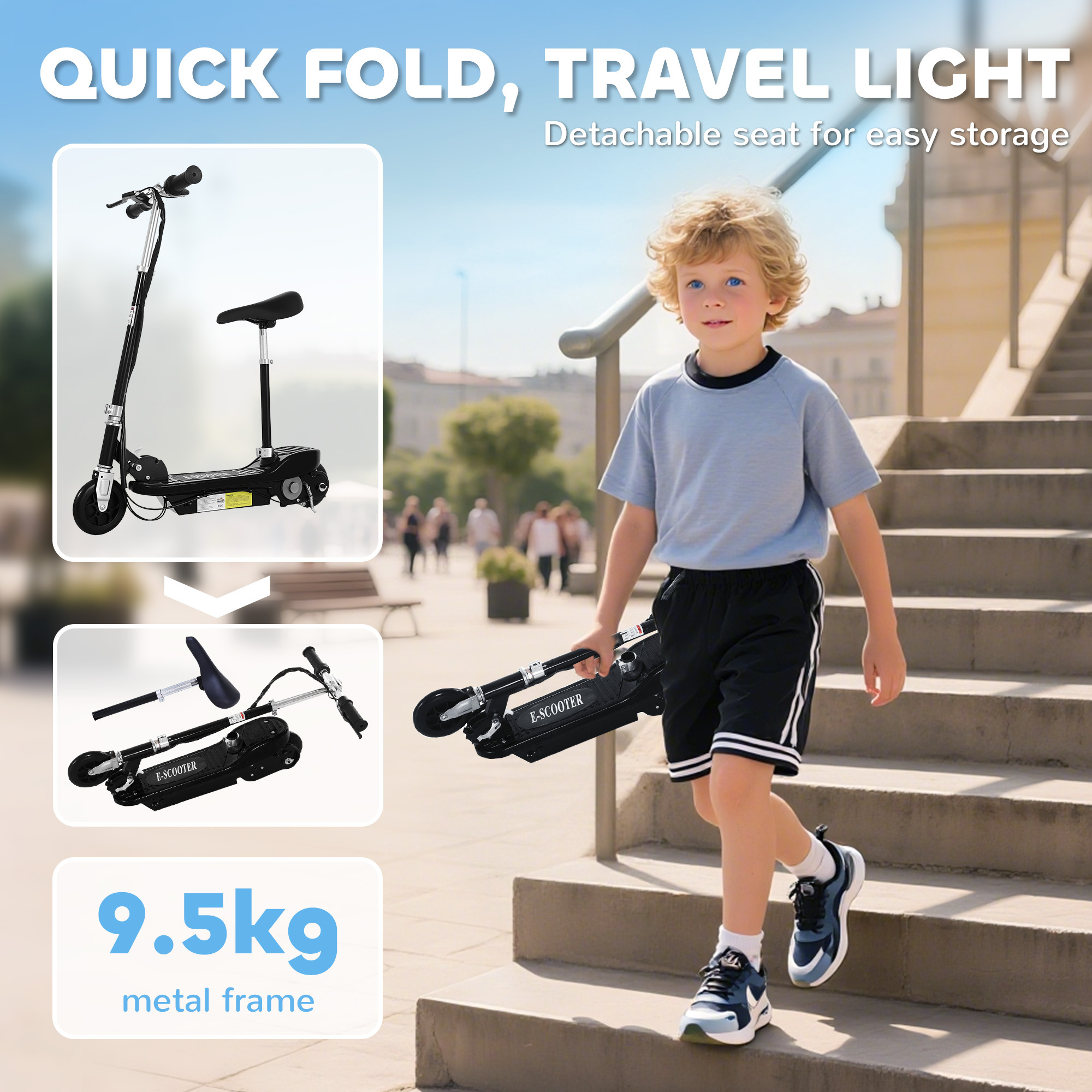 Powered E-Scooter Ride-On, With Brakes, Adjustable Seat, Adjustable Handlebars, Black - Image 4