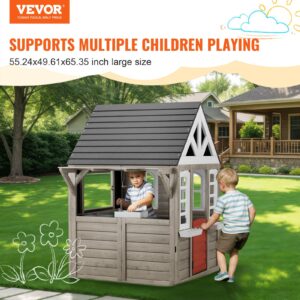 Wooden playhouse, children's playhouse, garden house for children aged 2 and up, garden play cottage, playhouse made of cedar wood in country house style with door, window, flower pot holder, grill, stove, and sink.