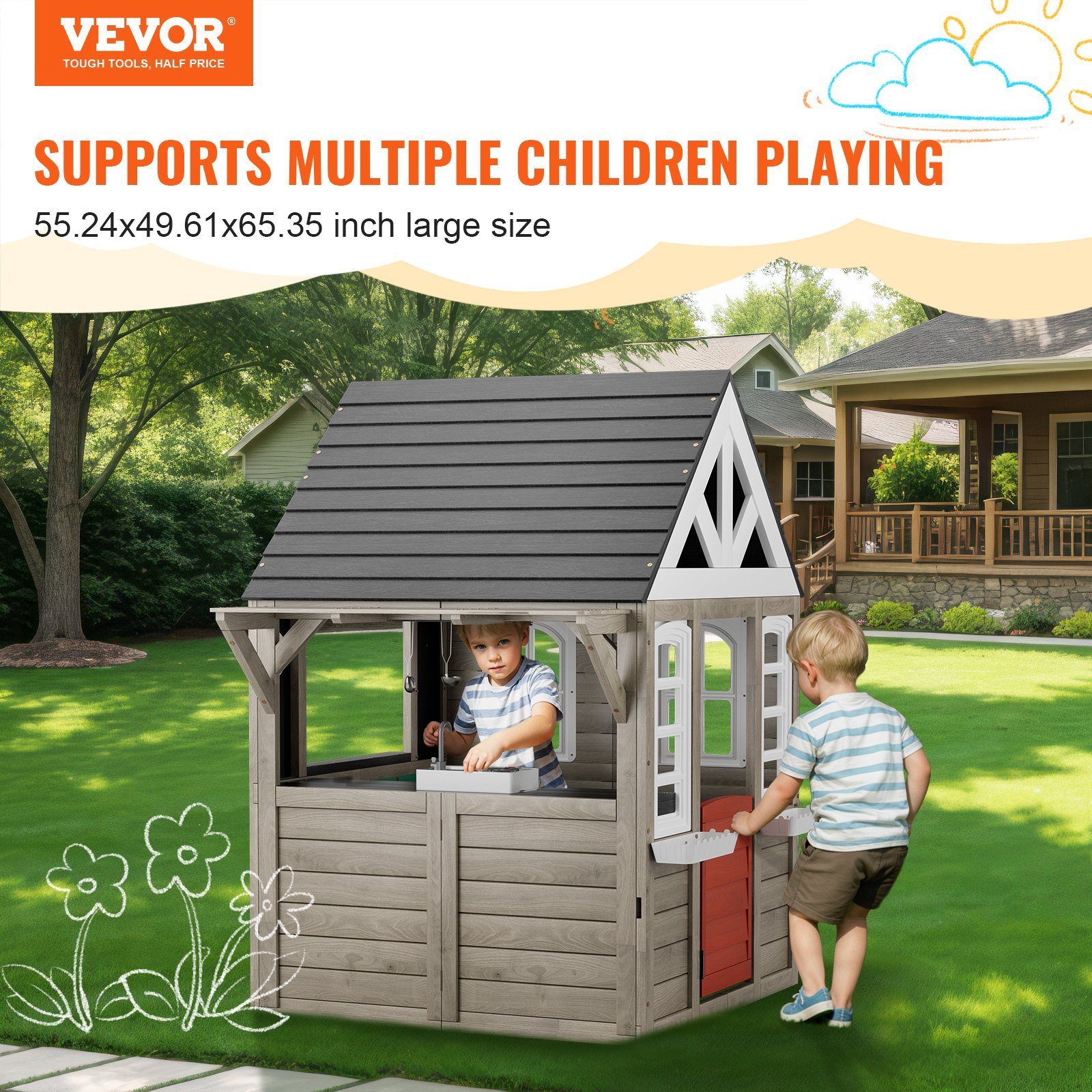 Wooden playhouse, children's playhouse, garden house for children aged 2 and up, garden play cottage, playhouse made of cedar wood in country house style with door, window, flower pot holder, grill, stove, and sink.