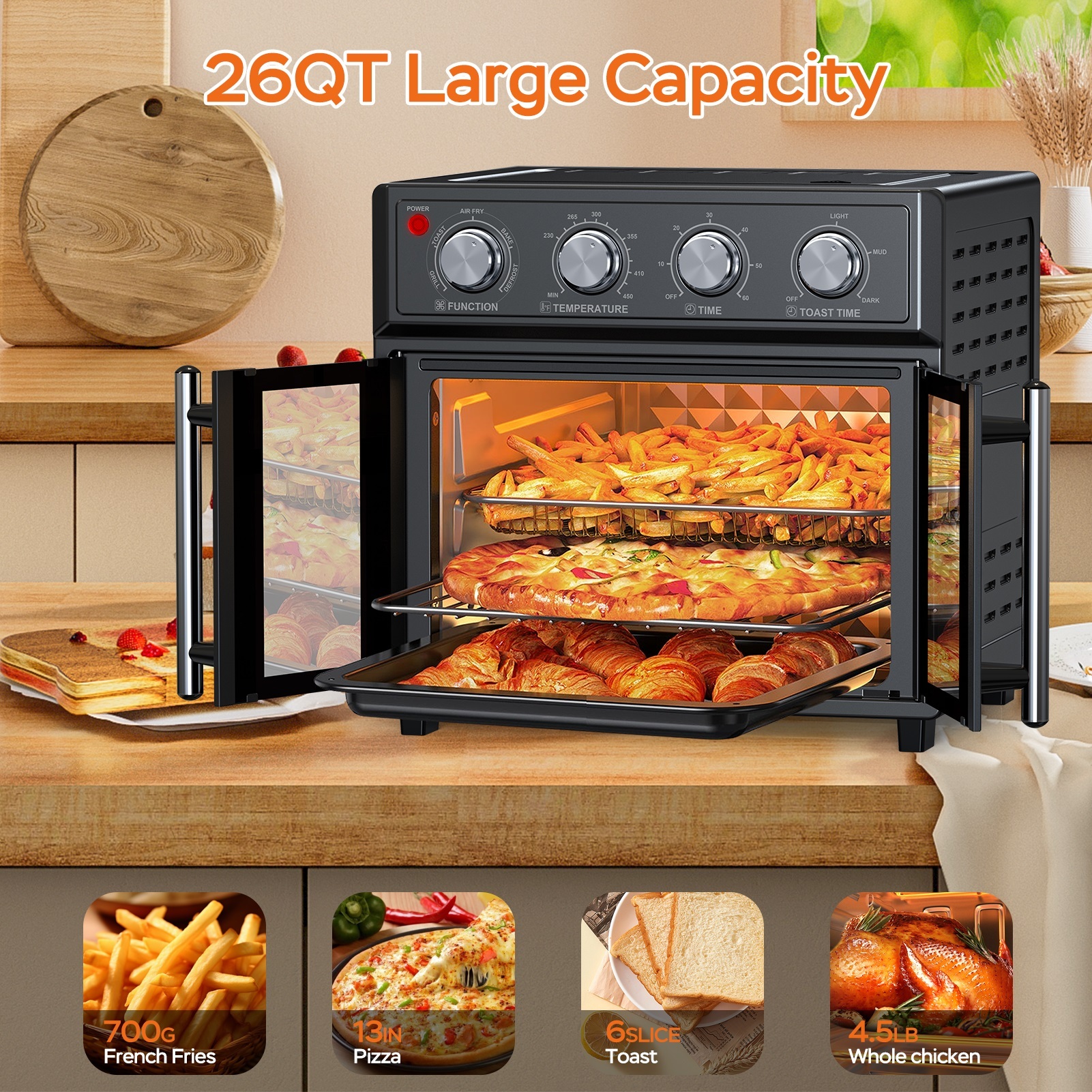 29.5 QT Air Fryer Convection Toaster Oven, French Door, 6 Slices, 1700W, Multifunction Oven, Air Fryer, Toast, Grill, Defrost, Bake, Time And Temperature Controls, Black, Amazon Resale Prohibited - Image 3