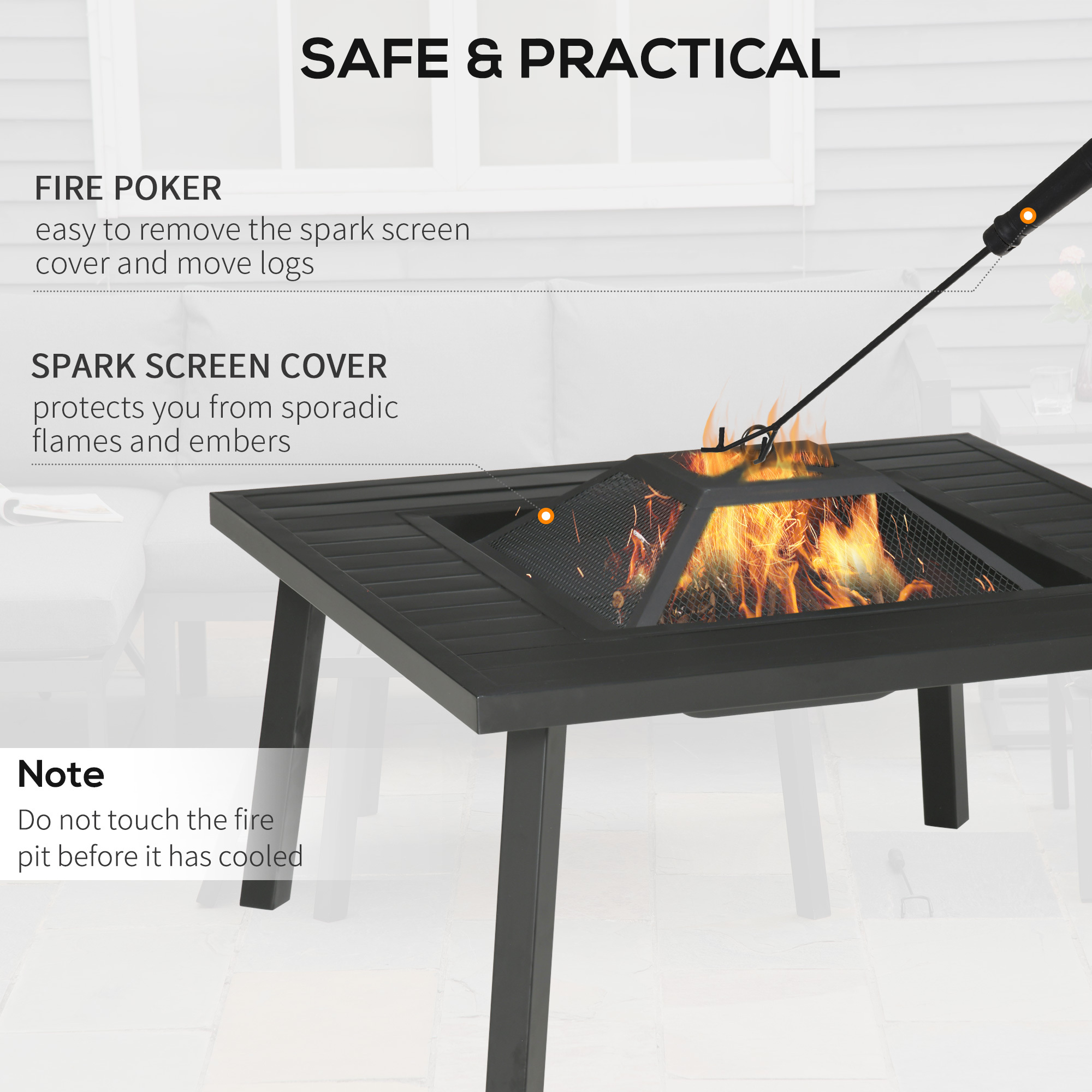 34" Fire Pit With Grill, Metal Outdoor Wood Burning Firepit With Spark Screen, Fire Poker, Cover, Table Lip, Black - Image 3
