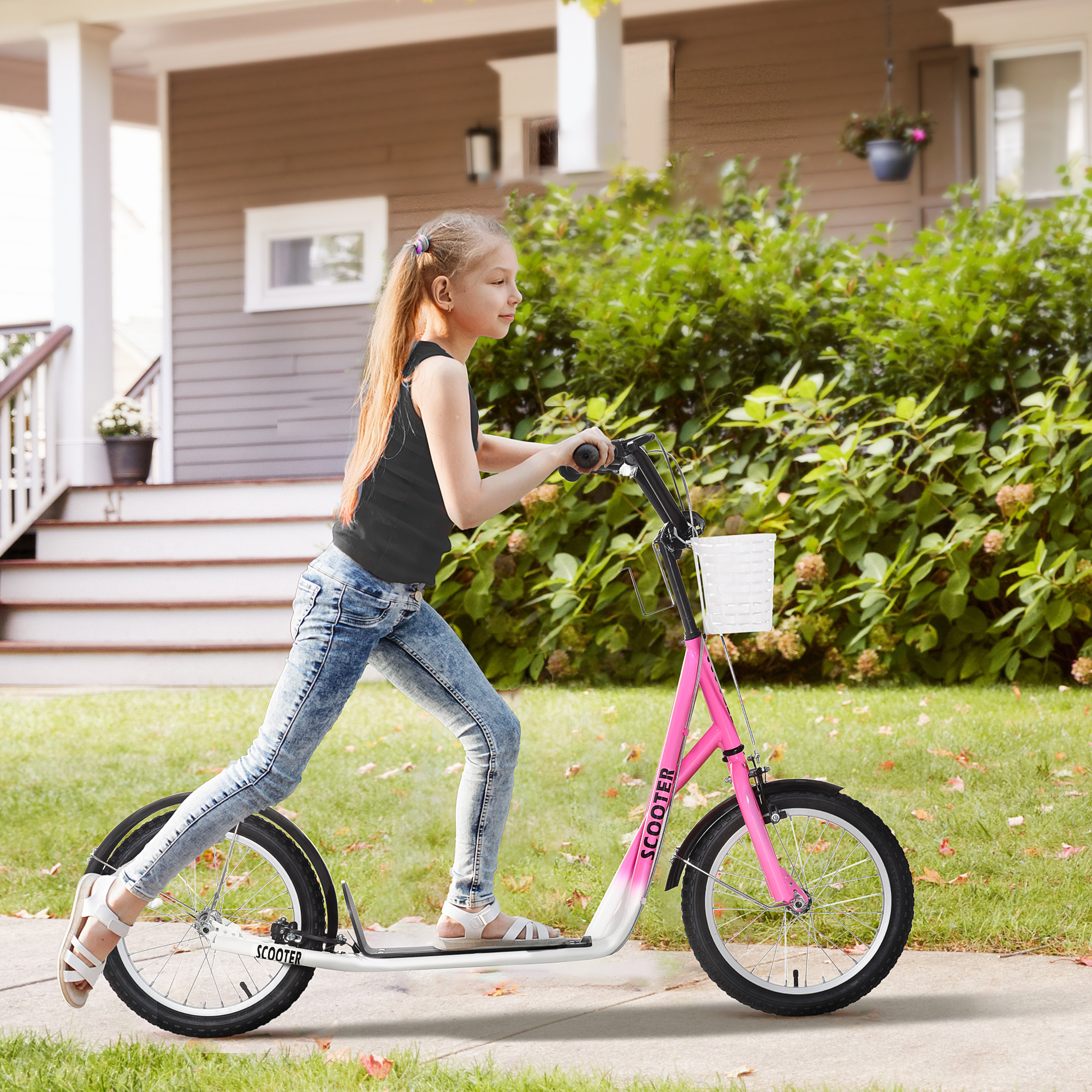 Youth Scooter, Kick Scooter With Adjustable Handlebars, Double Brakes, 16" Inflatable Rubber Tires, Basket, Cupholder, Pink