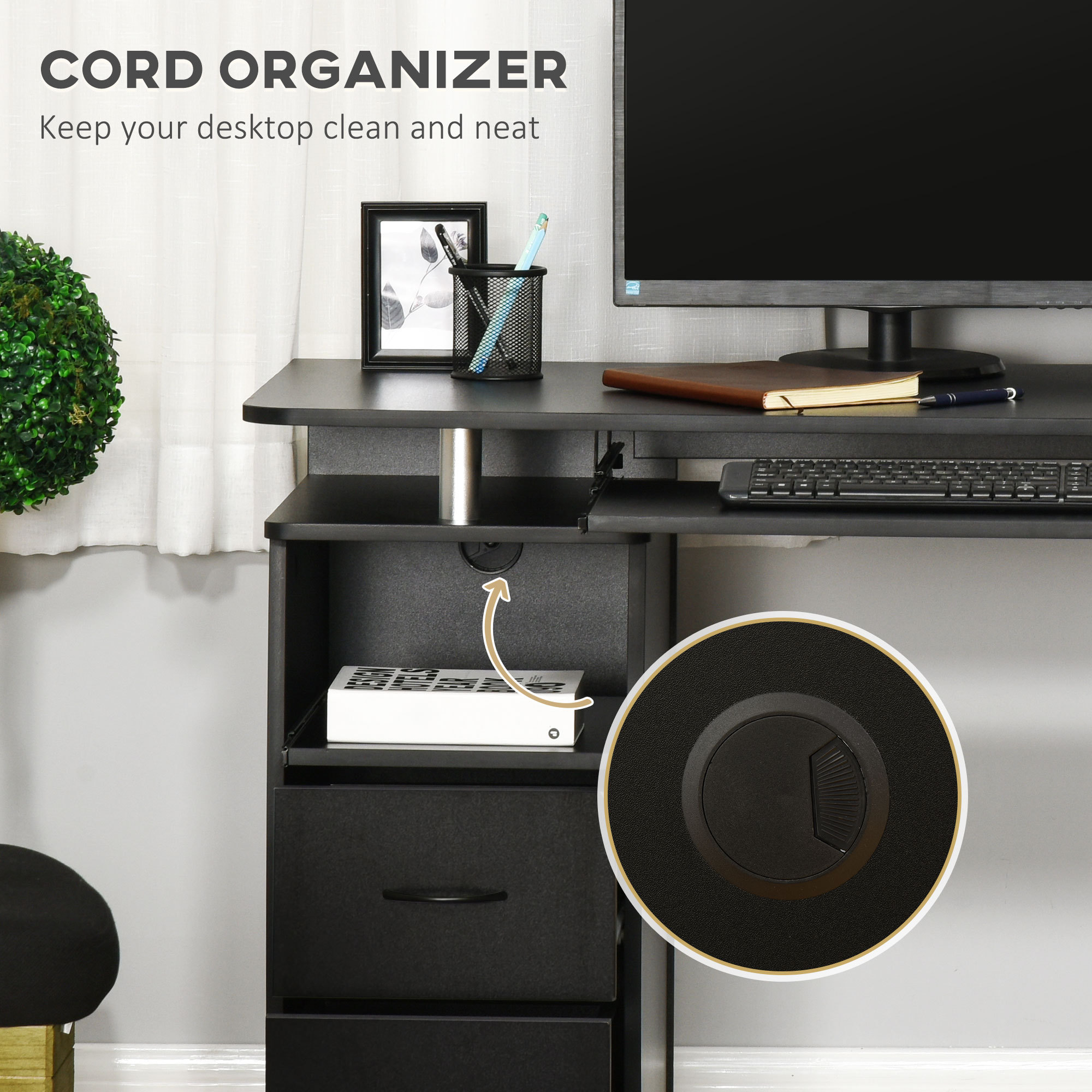 Computer Desk Office PC Table Workstation With Keyboard Tray, CPU Shelf, Drawers, Sliding Scanner Shelf, Black - Image 2