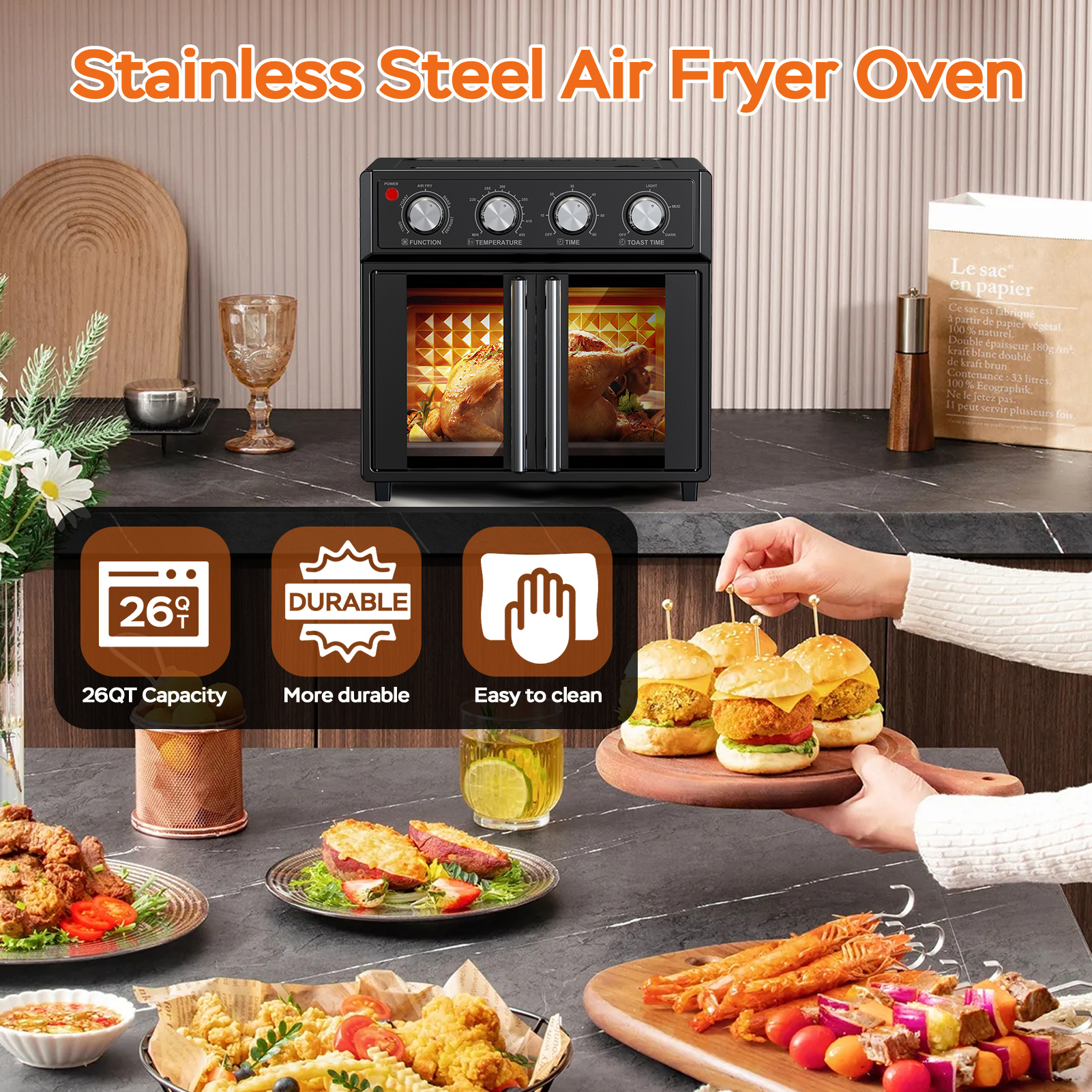 29.5 QT Air Fryer Convection Toaster Oven, French Door, 6 Slices, 1700W, Multifunction Oven, Air Fryer, Toast, Grill, Defrost, Bake, Time And Temperature Controls, Black, Amazon Resale Prohibited - Image 6