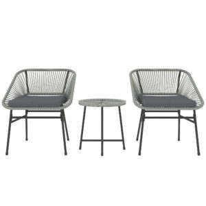 3 Pieces Rattan Bistro Set, Wicker Small Garden Table And Chairs Set With Cushions And Glass Top Coffee Table, Bistro Garden Furniture Set For Outdoor, Patio, Balcony, Light Grey