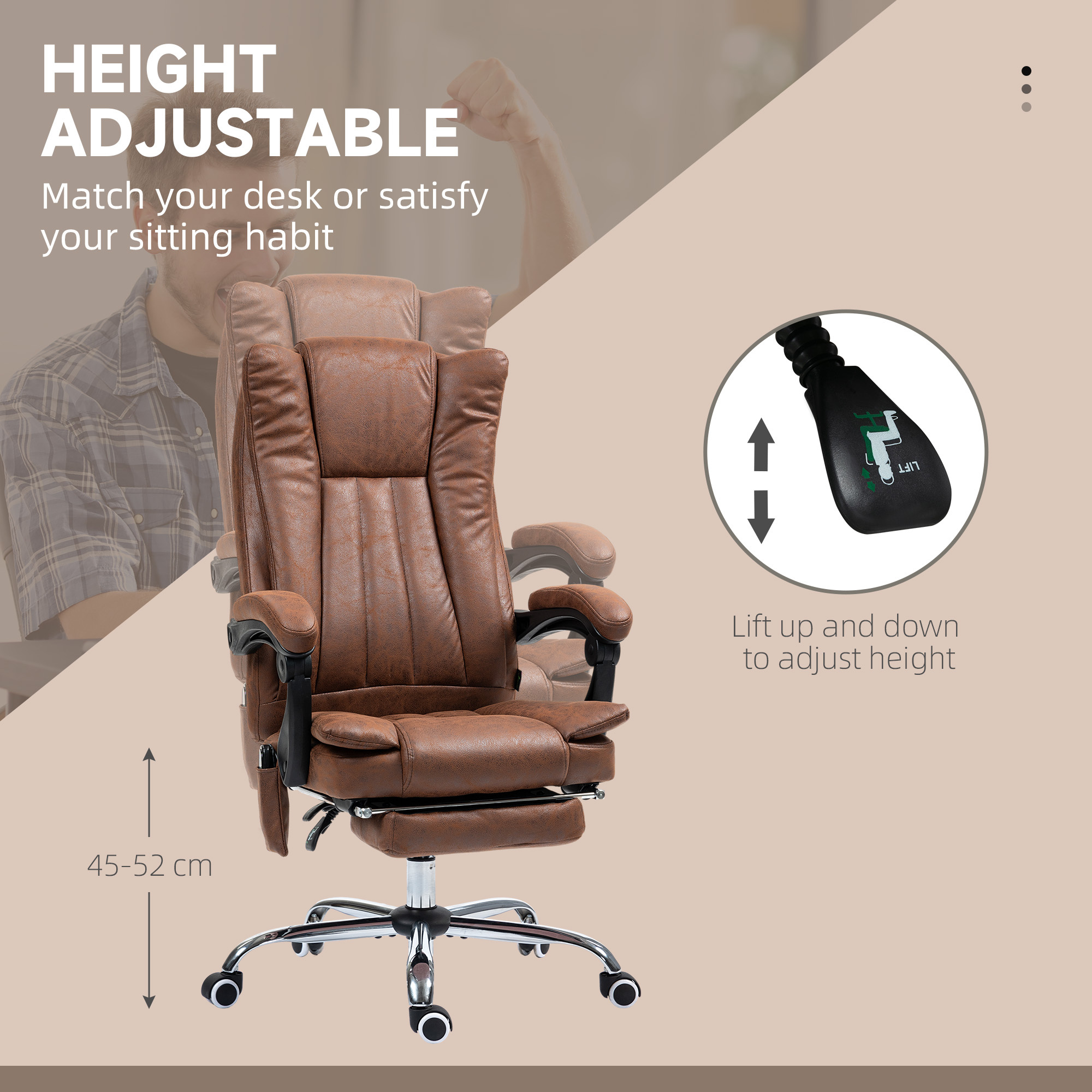 Massage Office Chair With 6 Points And Heat, Reclining Computer Chair With Adjustable Height And Footrest, Brown - Image 2