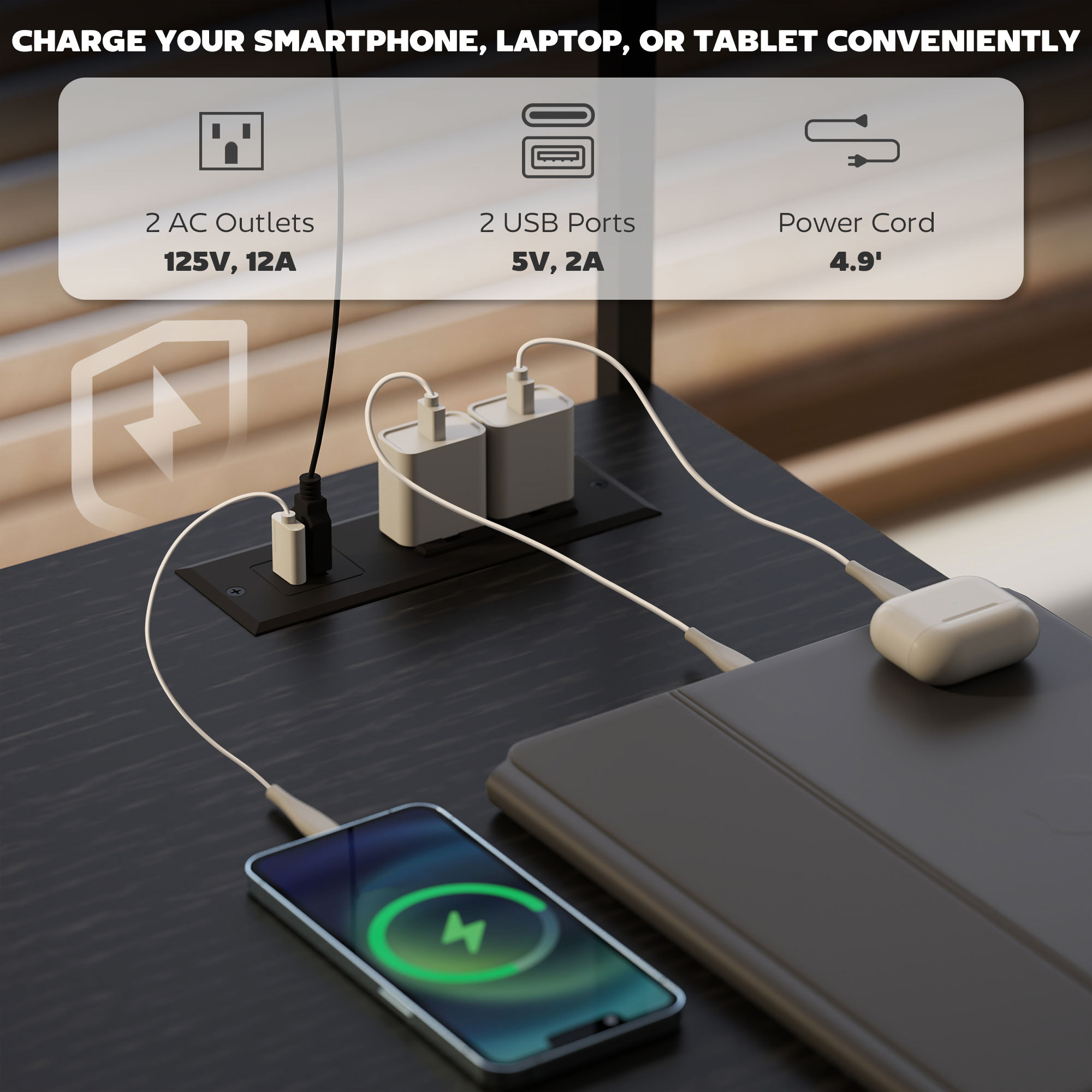 61.6" L Shaped Gaming Desk With Power Outlets & LED Lights, Computer Desk With Monitor Stand And CPU Shelf, Black - Image 3