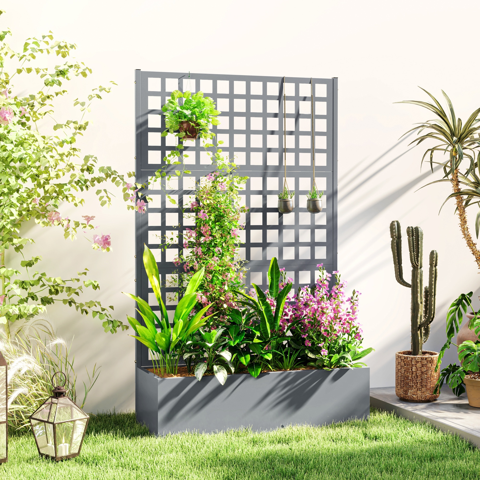 Galvanized Raised Garden Bed Planter Box with Trellis for Climbing Plants, Vegetable, Vines, 43" x 16" x 70", Gray - Image 4