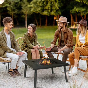 34" Fire Pit With Grill, Metal Outdoor Wood Burning Firepit With Spark Screen, Fire Poker, Cover, Table Lip, Black