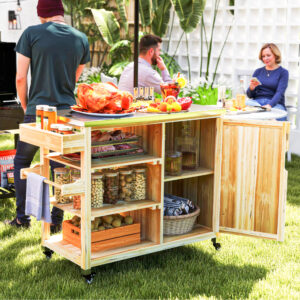 Outdoor Grill Cart With Stainless Steel Top, Solid Wood Outdoor Kitchen Island With Wheels, Natural Wood