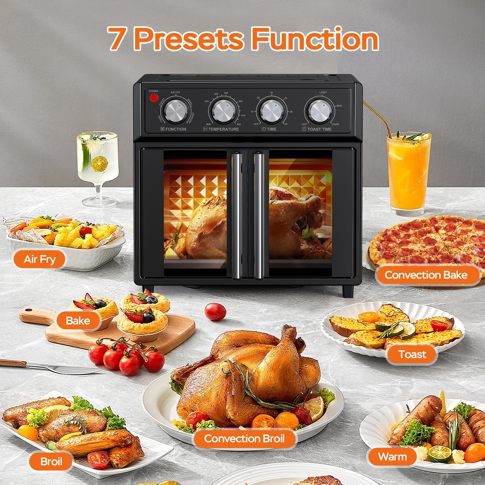 29.5 QT Air Fryer Convection Toaster Oven, French Door, 6 Slices, 1700W, Multifunction Oven, Air Fryer, Toast, Grill, Defrost, Bake, Time And Temperature Controls, Black, Amazon Resale Prohibited - Image 9