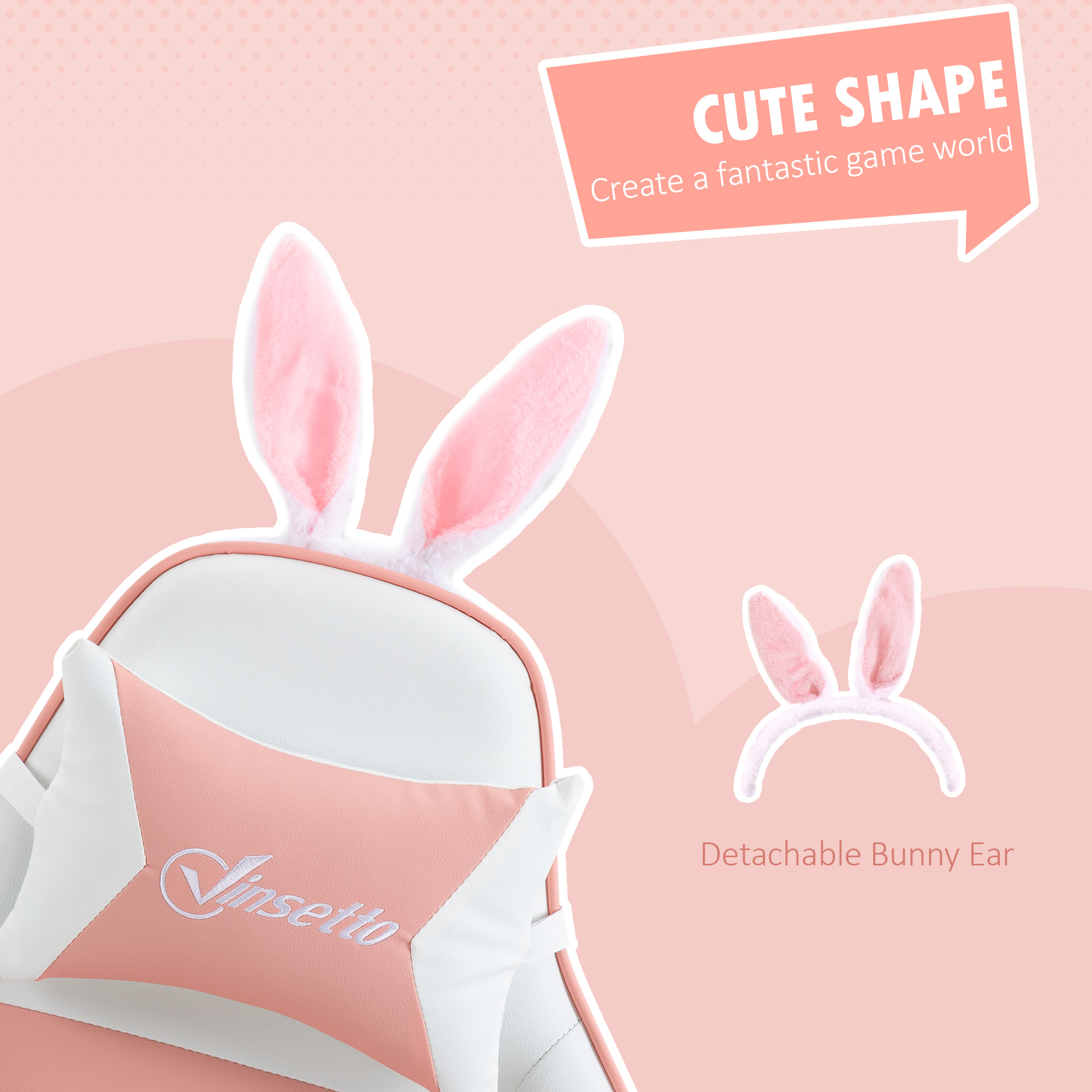 Vinsetto Racing Gaming Chair, Reclining PU Leather Computer Chair With Removable Rabbit Ears, Footrest, Headrest And Lumber Support, Pink - Image 3