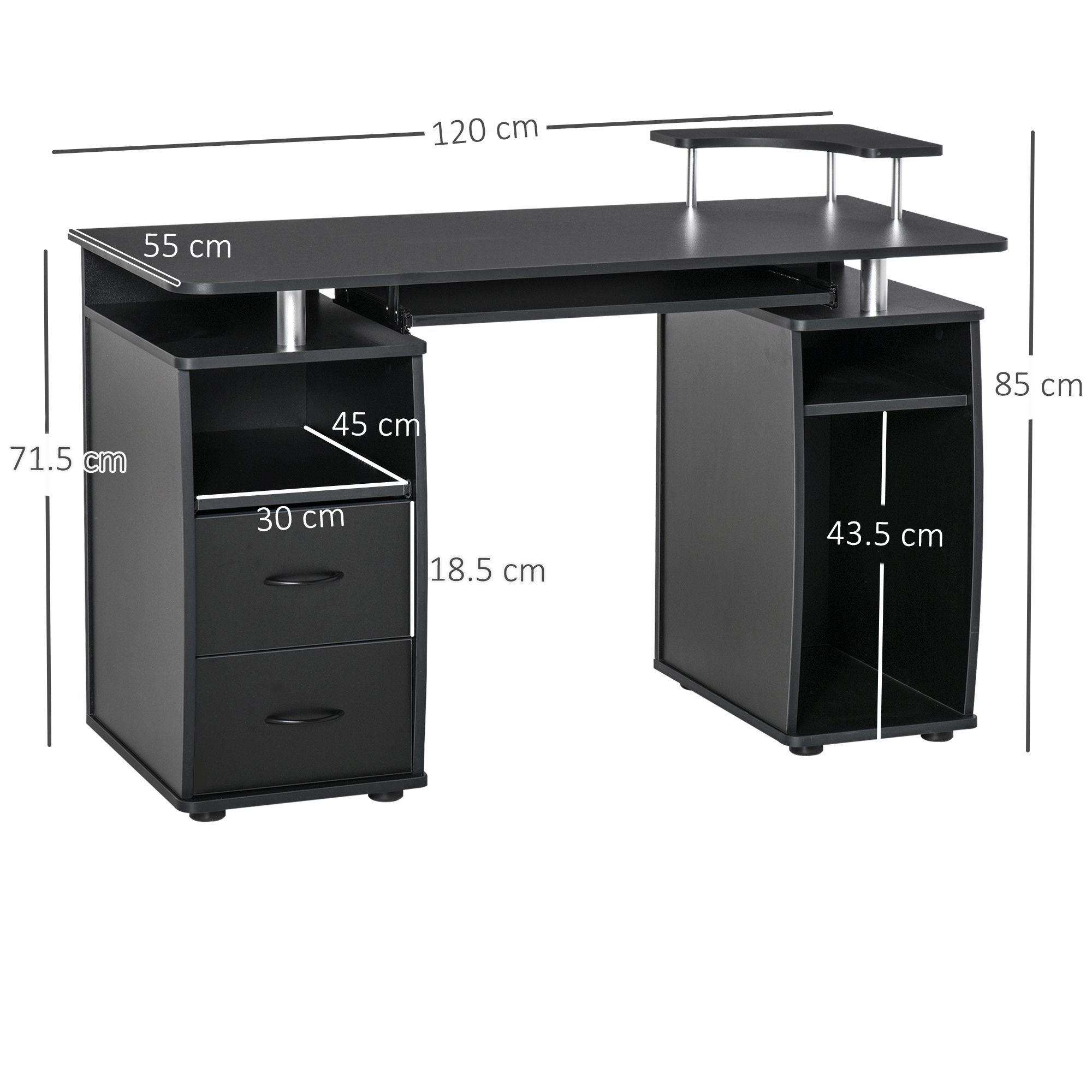Computer Desk Office PC Table Workstation With Keyboard Tray, CPU Shelf, Drawers, Sliding Scanner Shelf, Black - Image 3