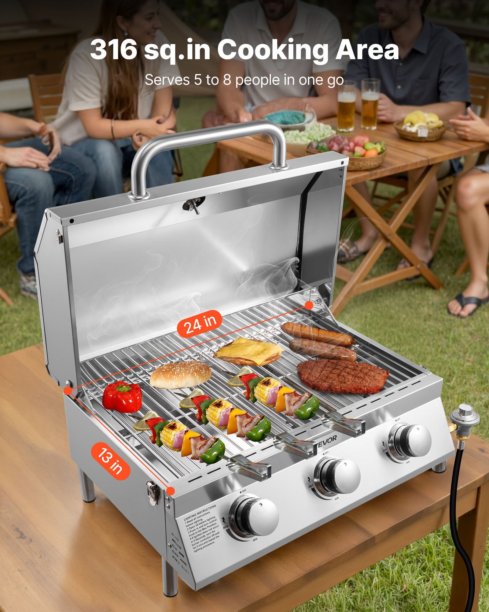Tabletop Gas Grill, 3-Burner Stainless Steel Portable Propane Grill, With Built-in Thermometer, Travel Locks, Weatherproof Lid, 22,500 BTU Total, For Outdoor Cooking, Patio, Party, Camping, RV - Image 3