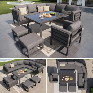 Crescent-shaped Garden Sofa Set For 8 People Sturdy Iron Frame With Grey Cushions  Complete With Glass Table, 1 Armchair & 2 Stools  Weatherproof Patio Furniture For Balcony