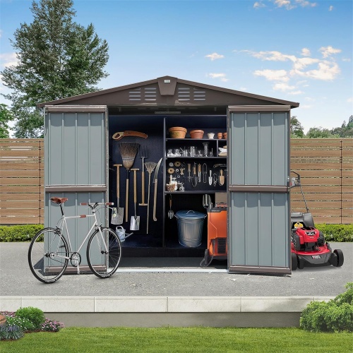 Outdoor Storage Shed 8.2' X 6.2', Metal Steel Utility Tool Shed Storage House With Double Lockable Doors &Air Vents For Backyard Patio Garden Lawn Brown