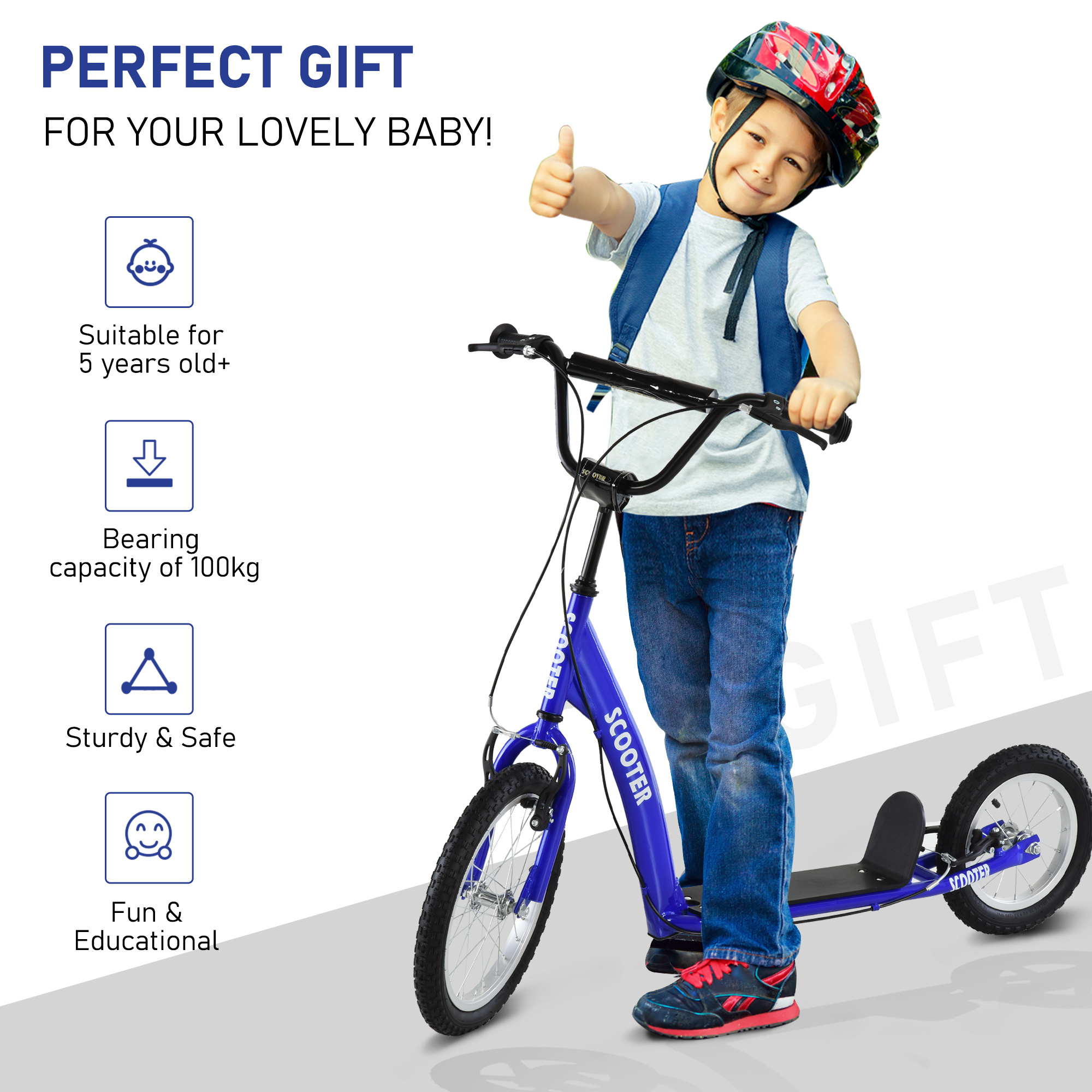 Youth Scooter Kick Scooter For Kids 5+ With Adjustable Handlebar 16" Front And 12" Rear Dual Brakes Inflatable Wheels, Blue - Image 2